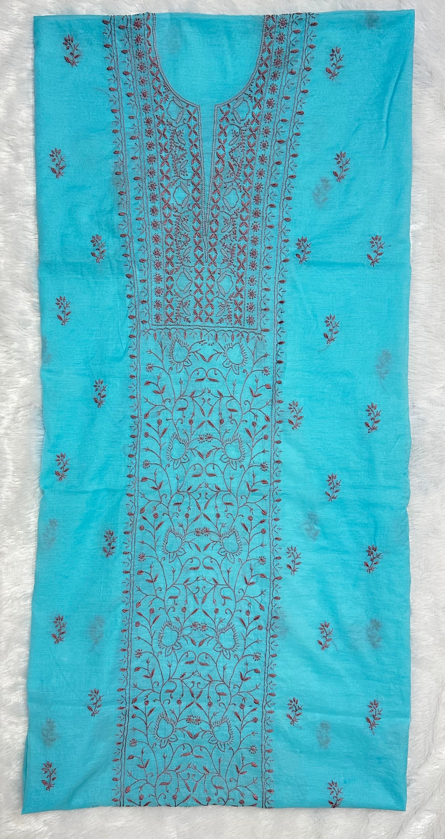 Pure Mul Chanderi Lucknowi Chikankari Unstitched Suit for Women with Dupatta – Hand Embroidered Ethnic Dress Material (2 Piece Set) - Sea Blue