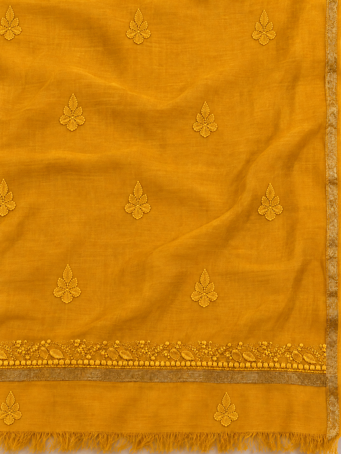 NAZAIRA Women's Mustard Silk Chanderi Unstitched 2-Piece Suit (Kurta Fabric & Dupatta) | Hand Embroidered Lucknow Chikankari | Glass Gala Neck Work, All-Over Buti | Wedding & Festive