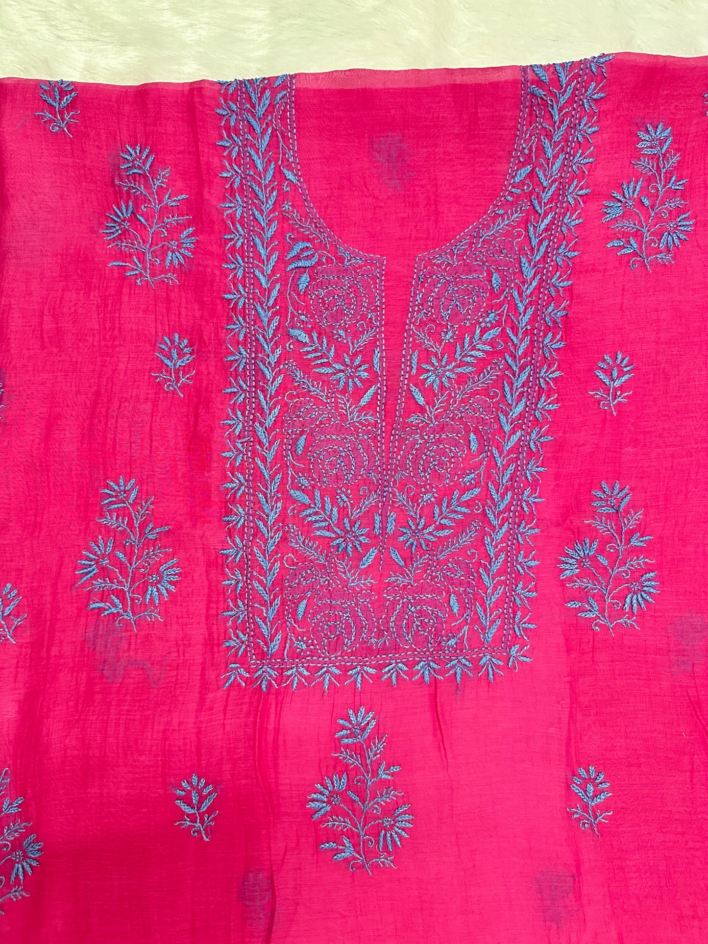 Pure Mul Chanderi Lucknowi Chikankari Unstitched Suit for Women with Dupatta – Hand Embroidered Ethnic Dress Material (2 Piece Set) - Magenta