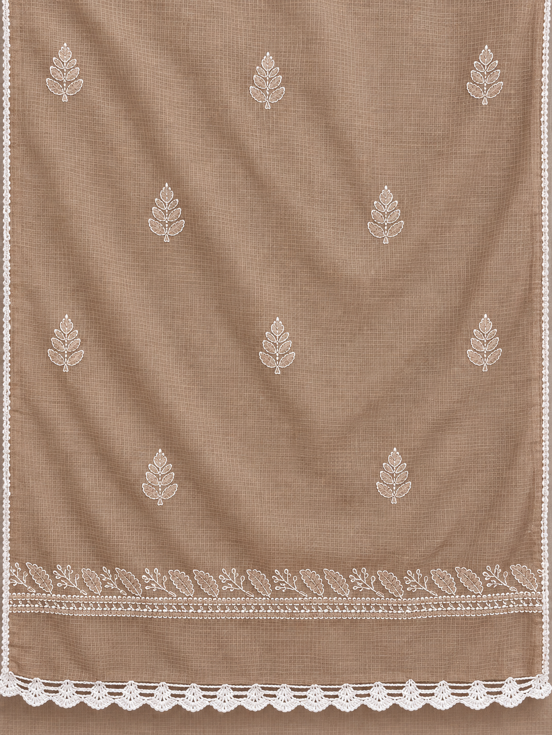 Women's Light Brown Kota Cotton Unstitched Lucknowi Chikankari Suit Material with Dupatta (2 Piece) | Glass Gala Neckline Hand Embroidery, Front and Back Buti Work | Festive Pooja and Wedding