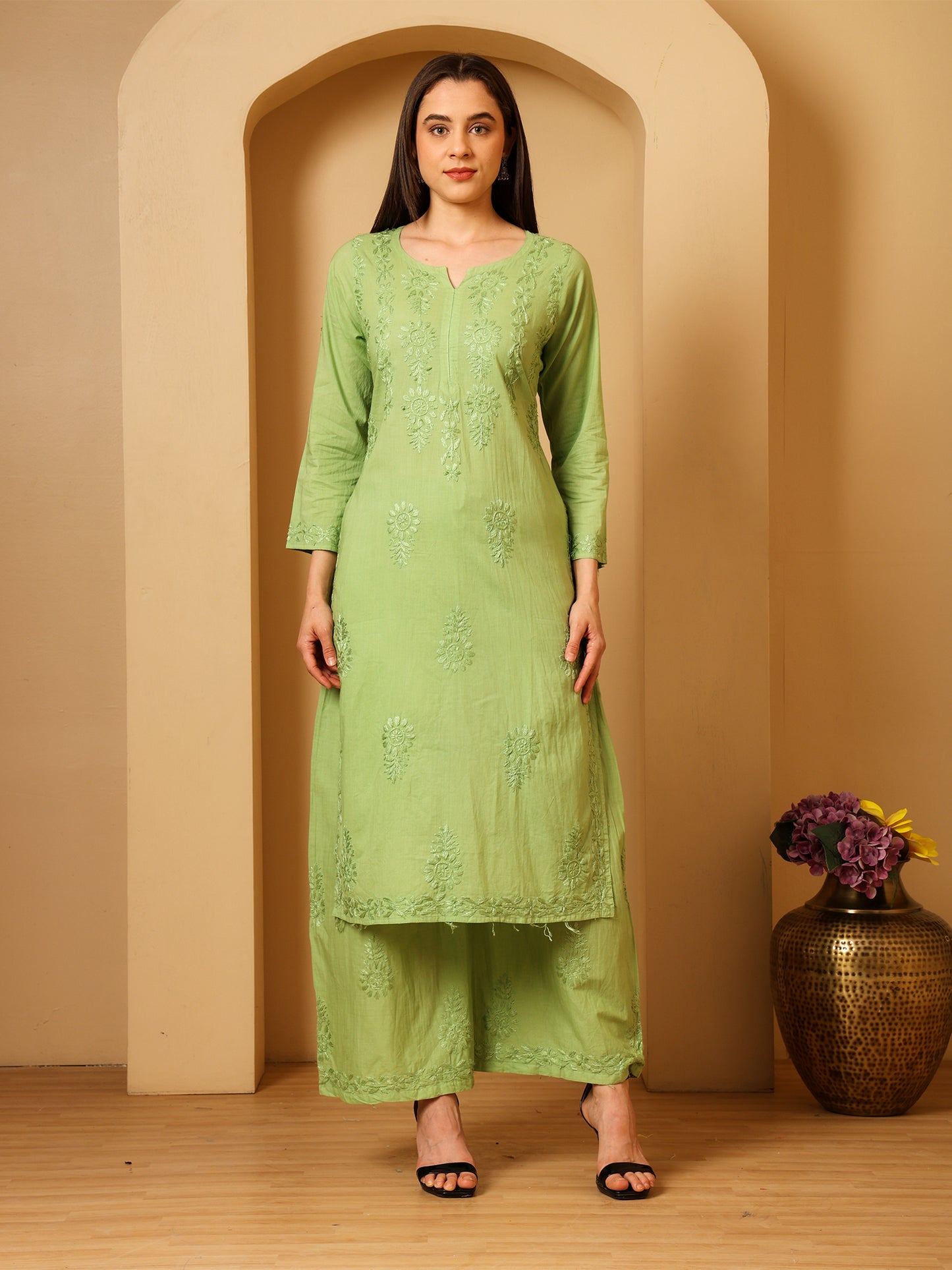 Cotton Chikankari Kurta Palazzo Set for Women | Hand Embroidered Lucknowi Chikankari Kurti with Palazzo | Ethnic Wear Long Kurta Set (Green) | Handmade Cotton Kurta for Women
