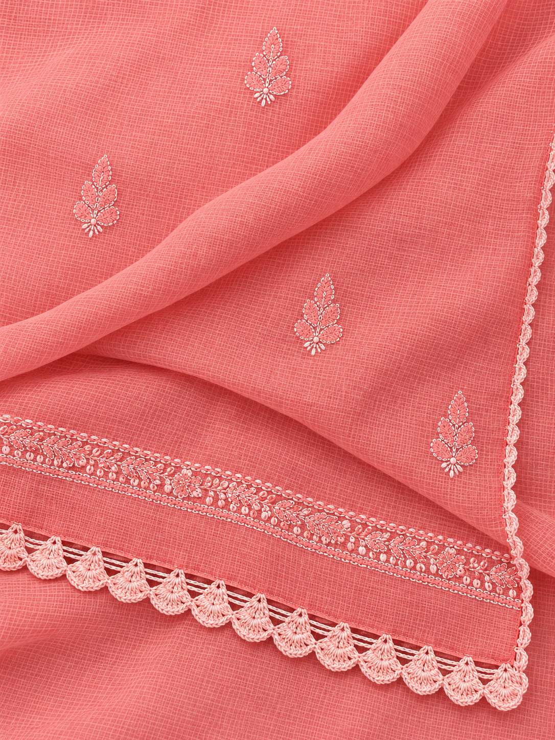 Women's Peach Kota Cotton Unstitched 2 Piece Suit Dress Material with Dupatta | Lucknowi Chikankari Hand Embroidery, Glass Gala Neck Design, All Over Work | Pooja Wedding Festive