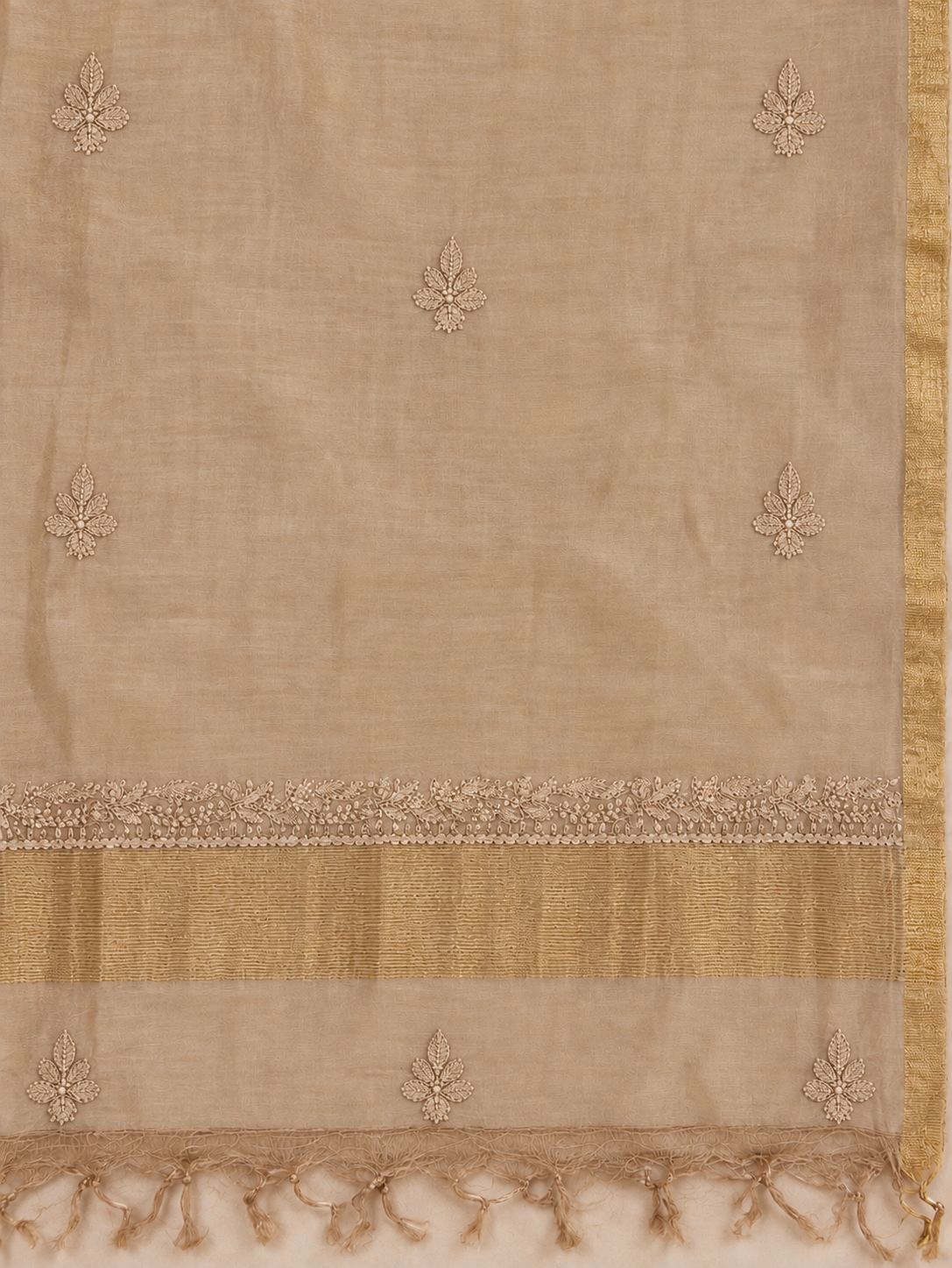 NAZAIRA Women's Tan Silk Chanderi Unstitched 2-Piece Suit (Kurta Fabric & Dupatta) | Hand Embroidered Lucknow Chikankari | Glass Gala Neck Work, All-Over Buti | Wedding & Festive