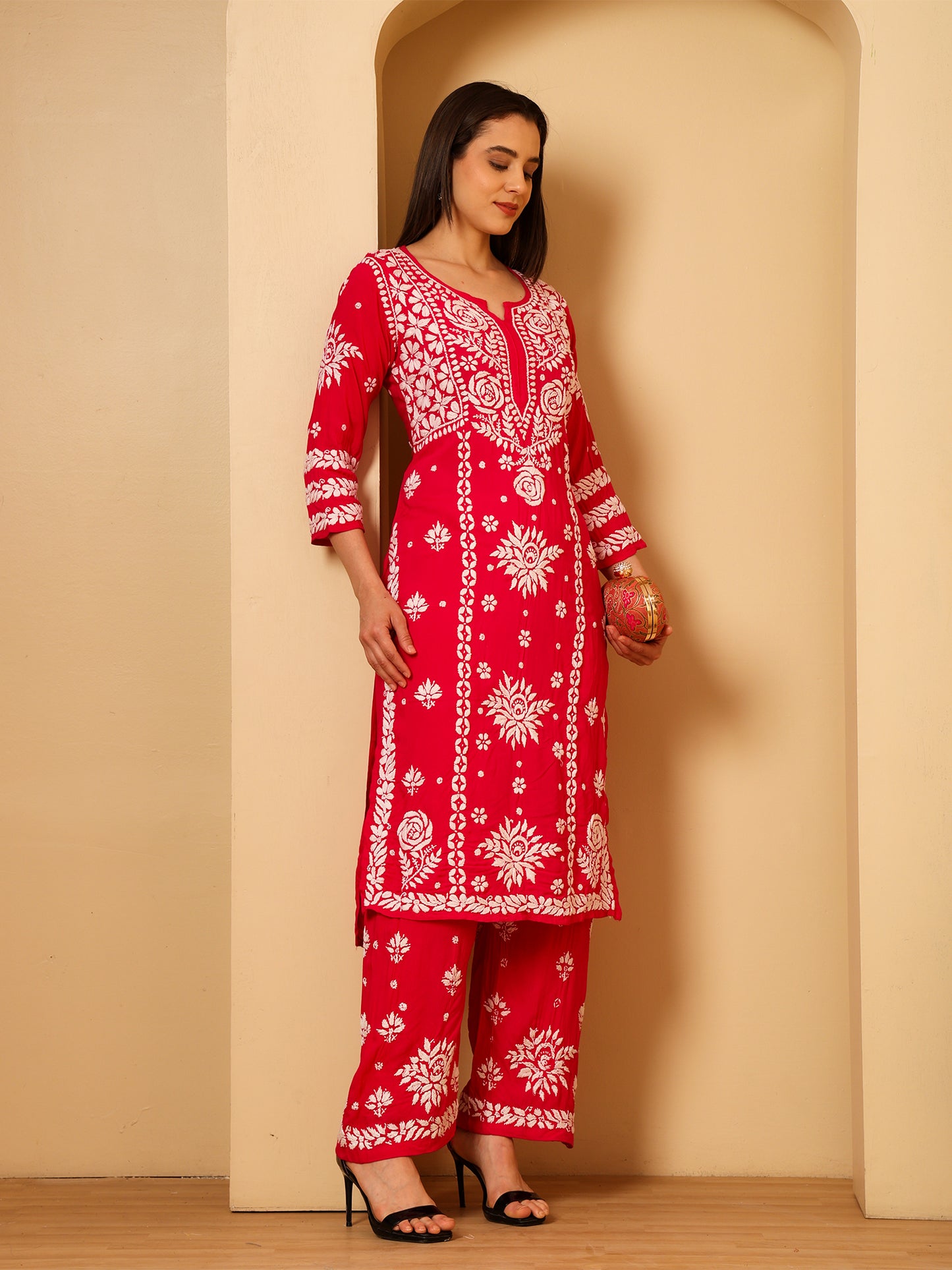 Nazaira Modal Lucknow Chikankari Kurta Set for Women with Palazzo | 3D Hand Embroidery Long Kurti | Ethnic Wear for Women | Handmade Luckhnawi Chickankari | Rani Pink |