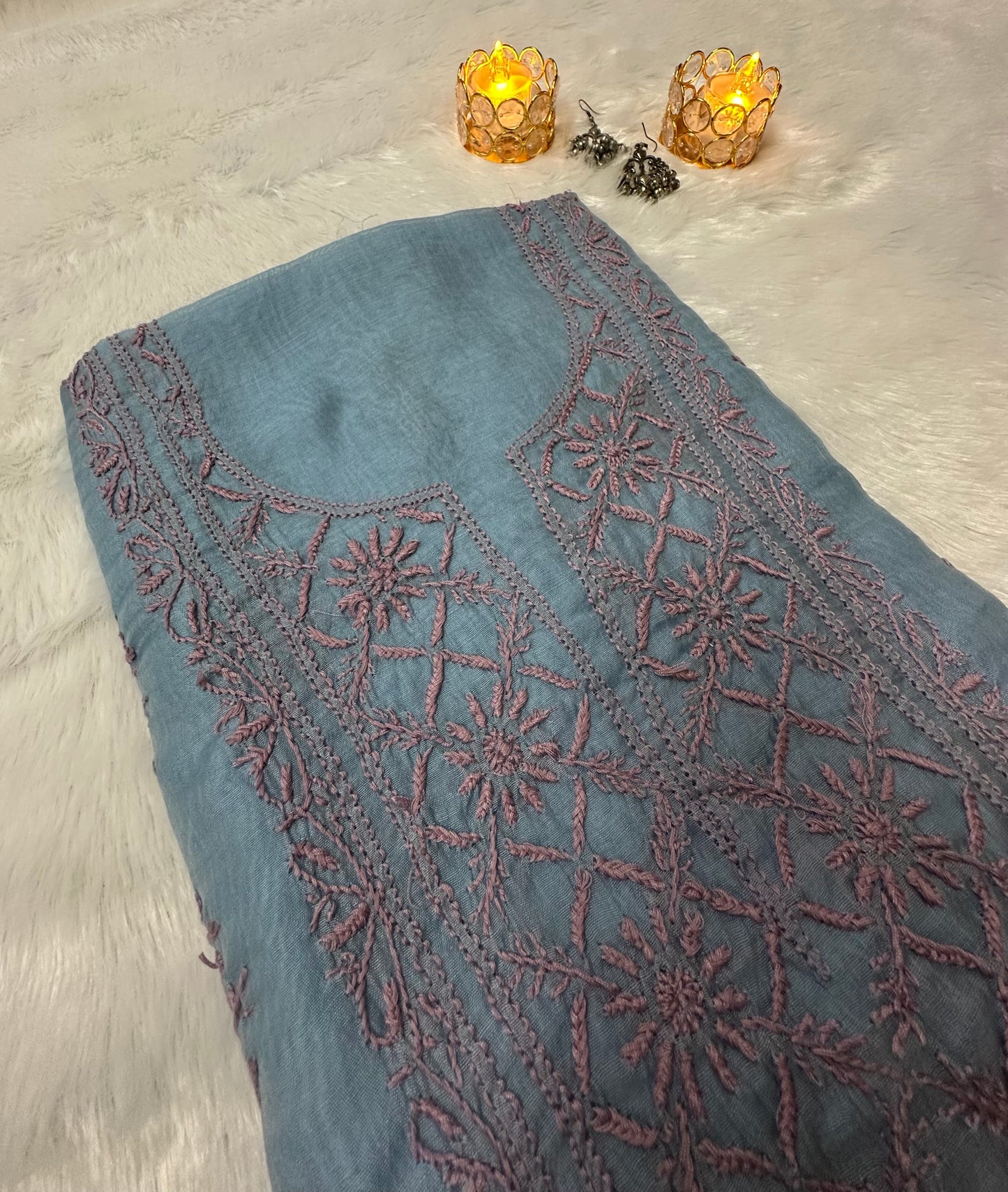 Pure Mul Chanderi Lucknowi Chikankari Unstitched Suit for Women with Dupatta – Hand Embroidered Ethnic Dress Material (2 Piece Set) - Sky Blue