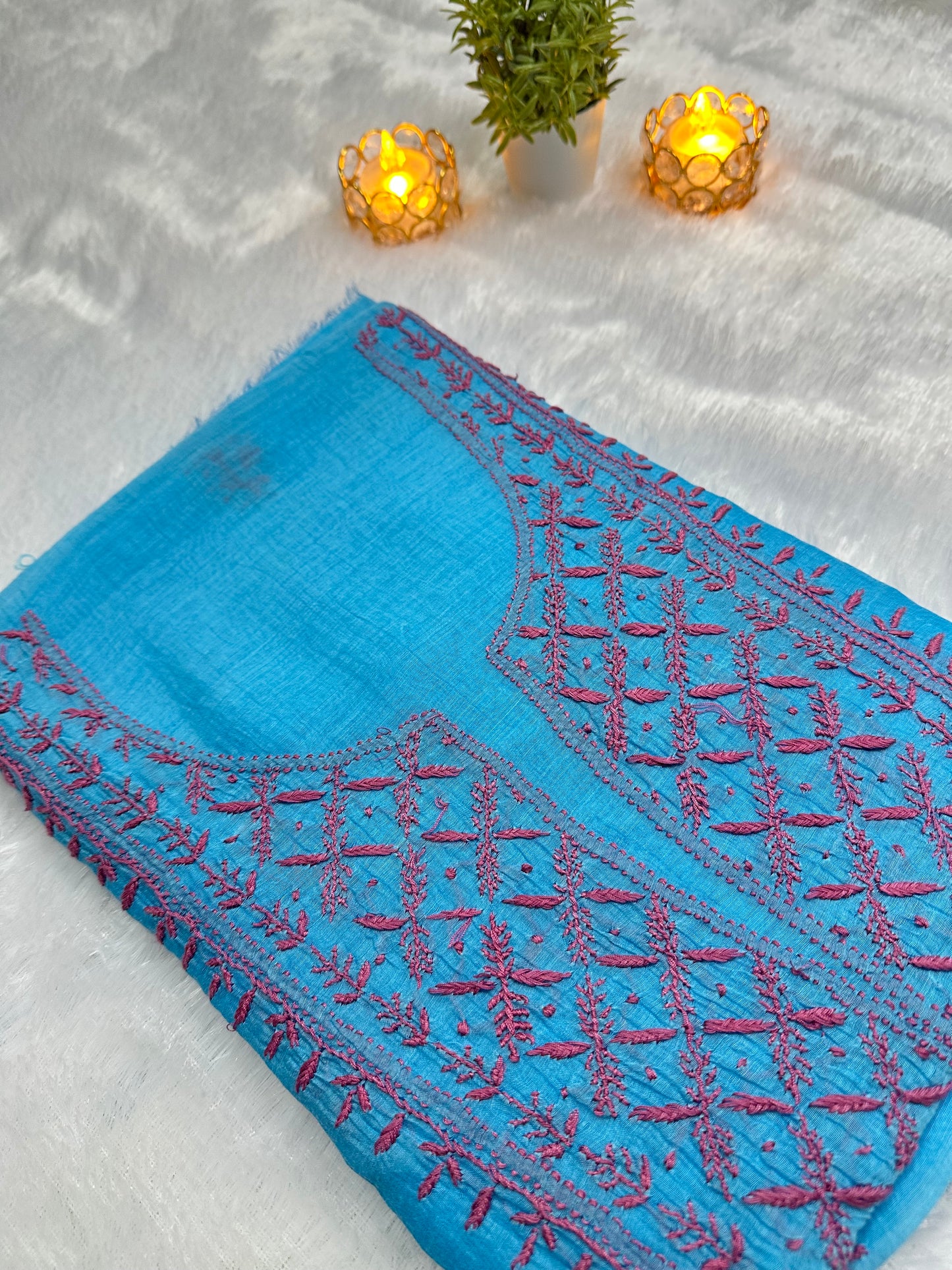 Pure Mul Chanderi Lucknowi Chikankari Unstitched Suit for Women with Dupatta – Hand Embroidered Ethnic Dress Material (2 Piece Set) - Blue