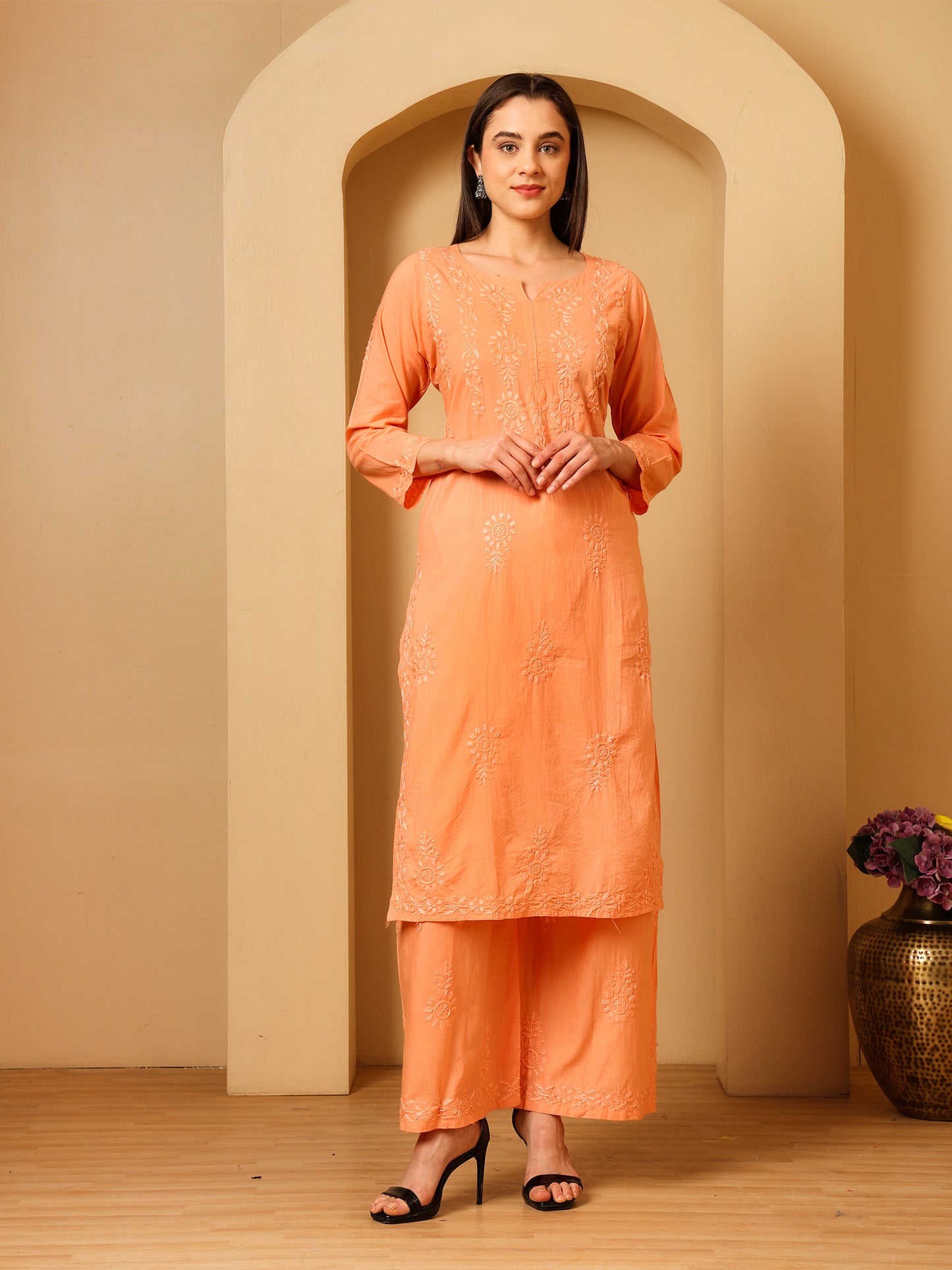 Cotton Chikankari Kurta Palazzo Set for Women | Hand Embroidered Lucknowi Chikankari Kurti with Palazzo | Ethnic Wear Long Kurta Set (Peach) | Handmade Cotton Kurta for Women