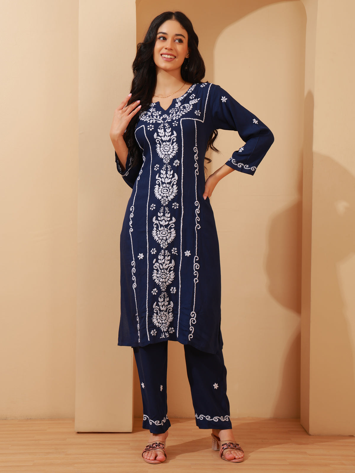 Nazaira Rayon Chikankari Kurta Pant Set for Women | Navy Blue Lucknowi Hand Embroidery Long Kurti with Pant & Pockets | Handmade Ethnic Wear for Women | Modern Traditional Handwork