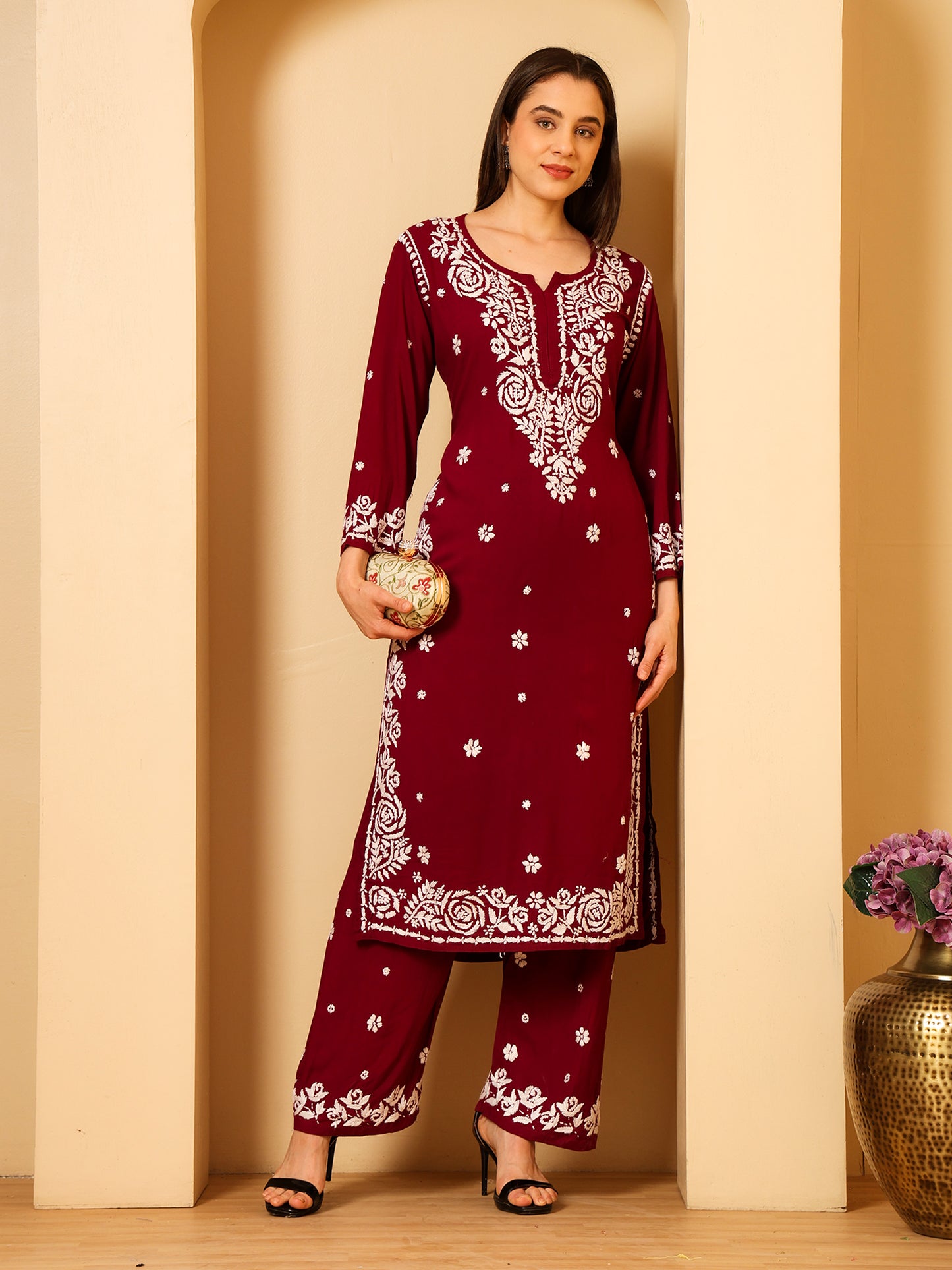 Nazaira Women’s Rayon 3D Work Lucknow Chikankari Kurta with Palazzo Set | Hand Embroidered Lucknawi Chickankari Kurti | Ethnic Wear | Maroon |