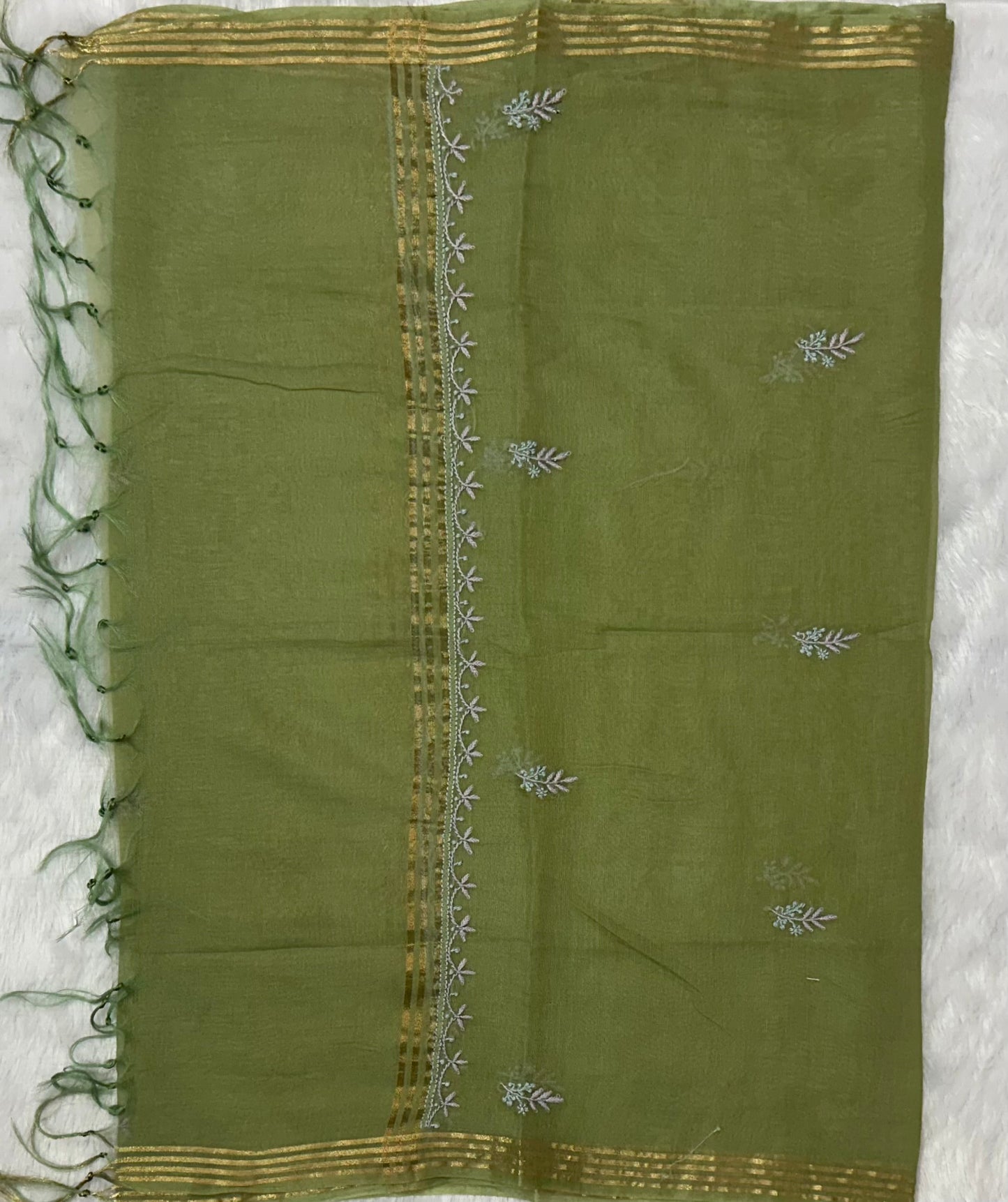 Pure Mul Chanderi Lucknowi Chikankari Unstitched Suit for Women with Dupatta – Hand Embroidered Ethnic Dress Material (2 Piece Set) - Green