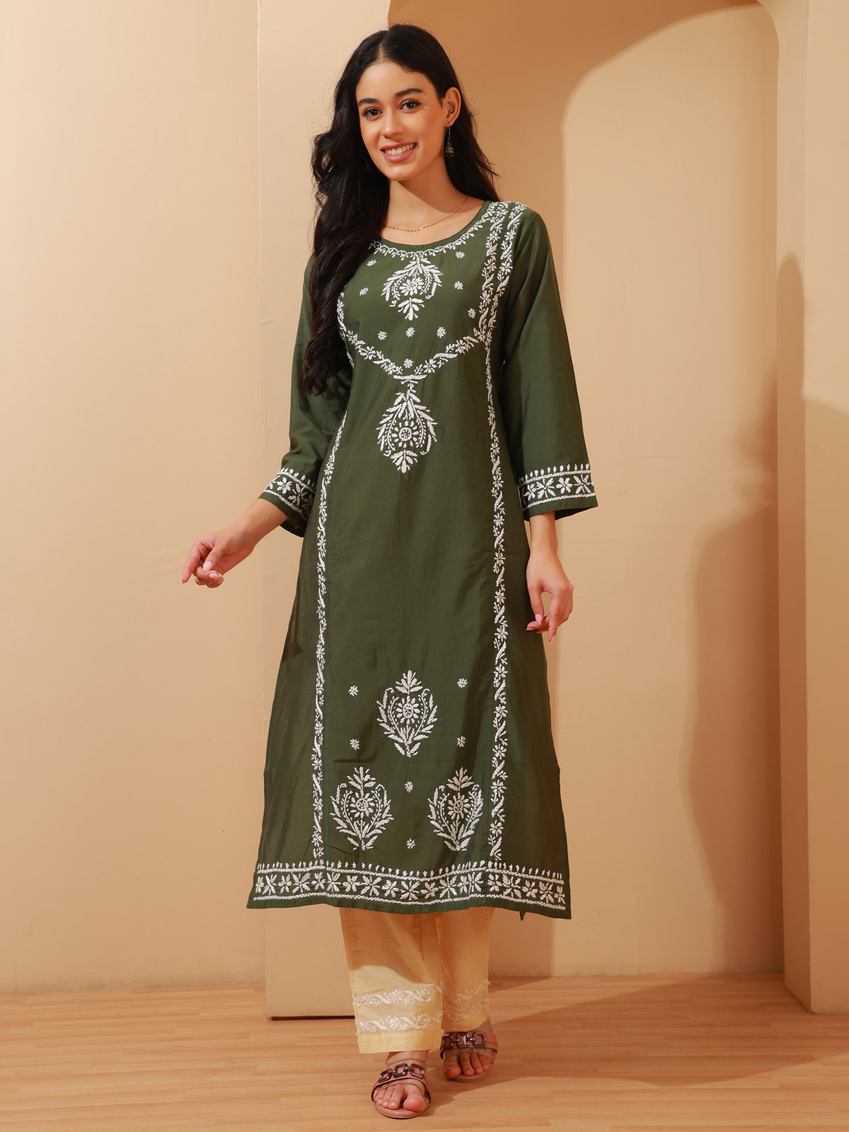 Nazaira Chanderi Chikankari Kurta Pant Set for Women | Olive Green Long Kurta with Hand Embroidery | Lucknowi Chikankari Ethnic Wear | 3/4 Sleeve Kurti Set with Pocket Pants