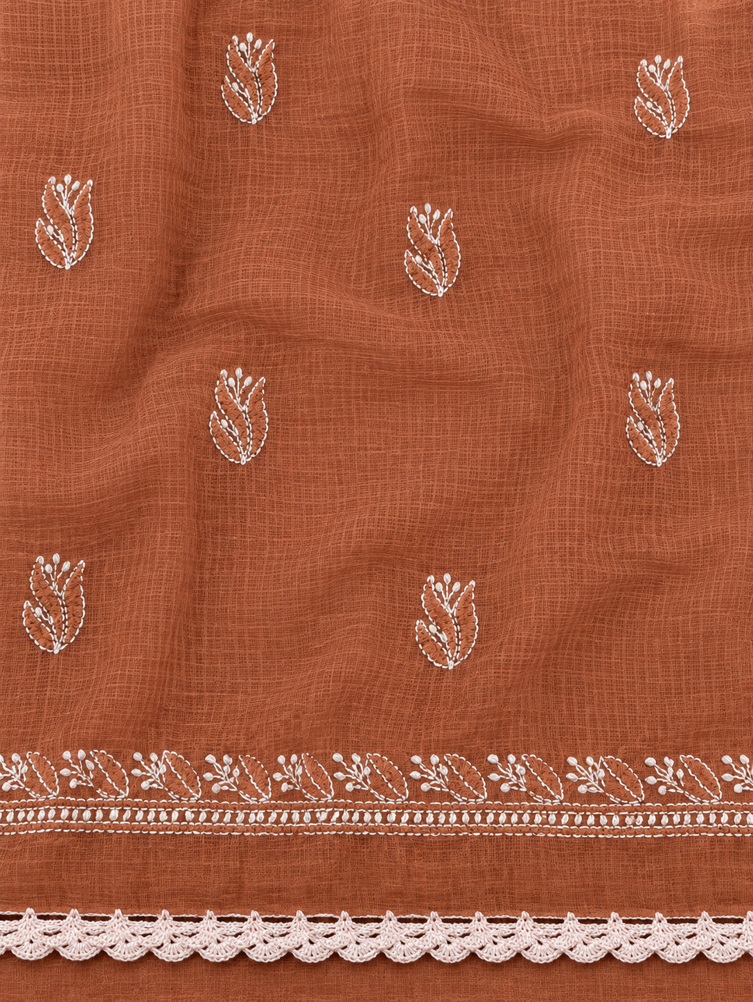 Women's Terracotta Brown Kota Cotton Unstitched 2 Piece Suit Dress Material with Dupatta | Lucknowi Chikankari Hand Embroidery | Glass Gala Neck, Heavy Dupatta Work | Pooja Wedding Festive
