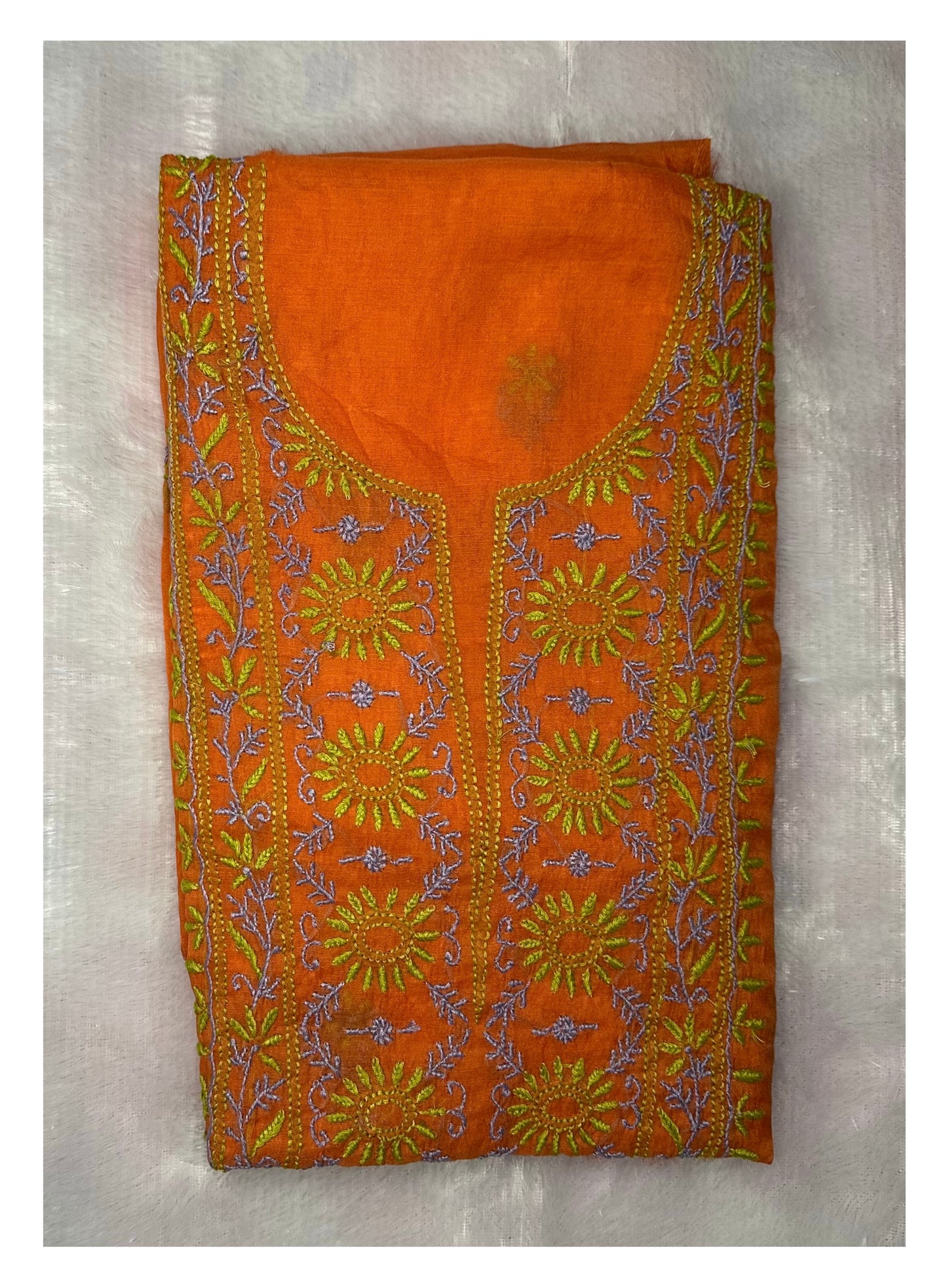 Pure Mul Chanderi Lucknowi Chikankari Unstitched Suit for Women with Dupatta – Hand Embroidered Ethnic Dress Material (2 Piece Set) - Orange