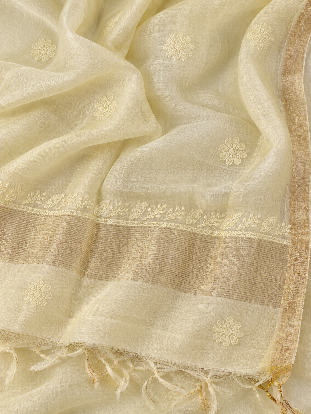NAZAIRA Women's Lemon Yellow Silk Chanderi Unstitched 2-Piece Suit (Kurta Fabric & Dupatta) | Hand Embroidered Lucknow Chikankari | Glass Gala Neck Work, All-Over Buti | Wedding & Festive