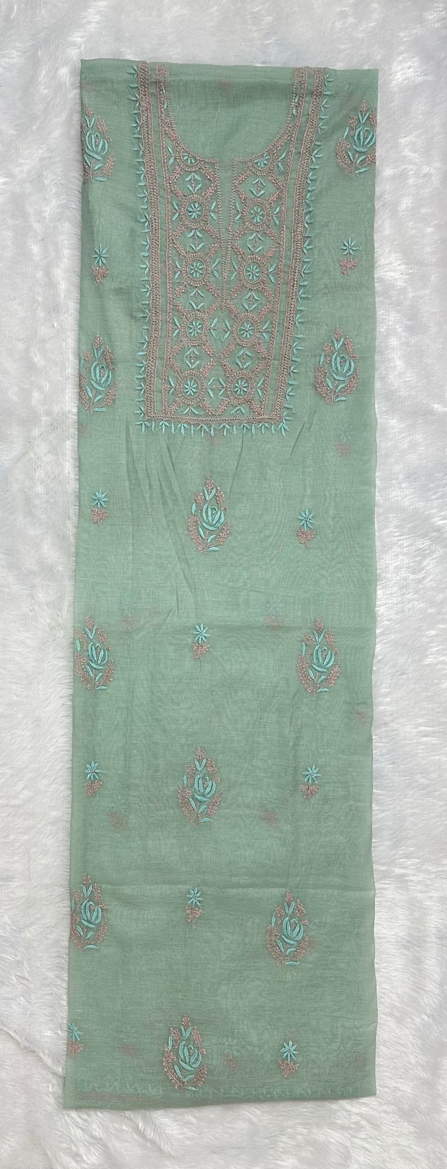 Pure Mul Chanderi Lucknowi Chikankari Unstitched Suit for Women with Dupatta – Hand Embroidered Ethnic Dress Material (2 Piece Set) - Sea Green