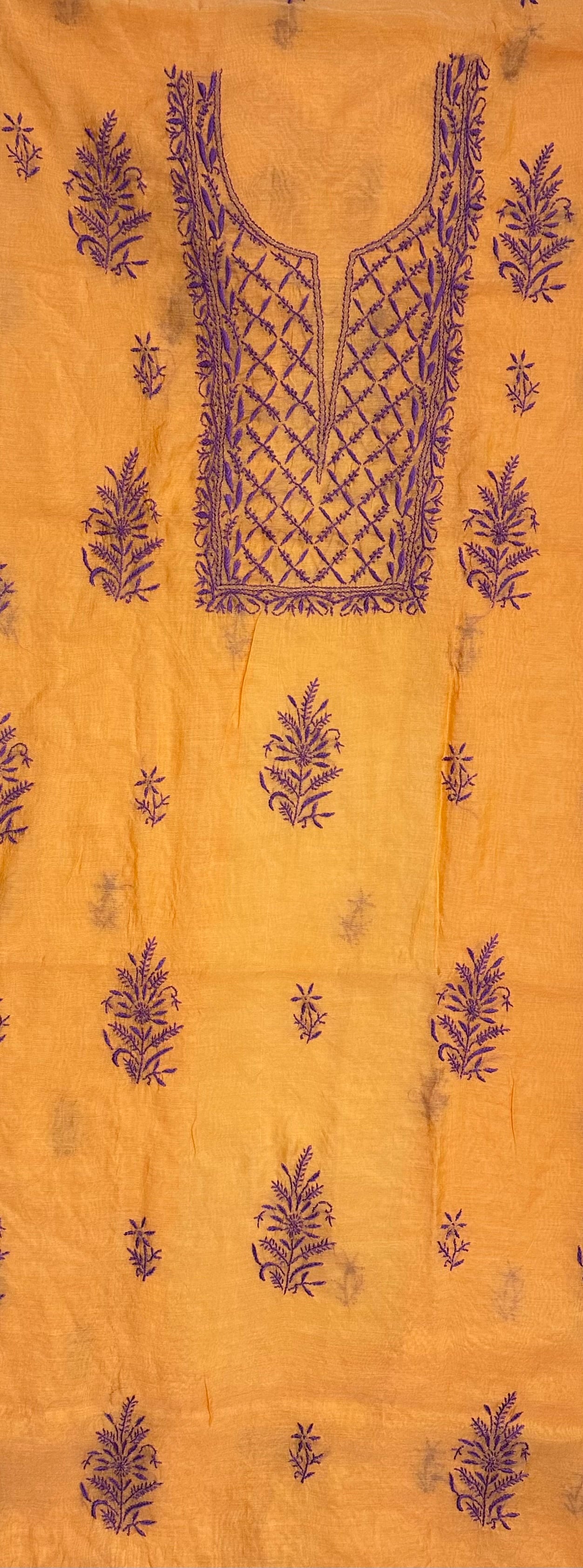 Pure Mul Chanderi Lucknowi Chikankari Unstitched Suit for Women with Dupatta – Hand Embroidered Ethnic Dress Material (2 Piece Set) - Orange 2
