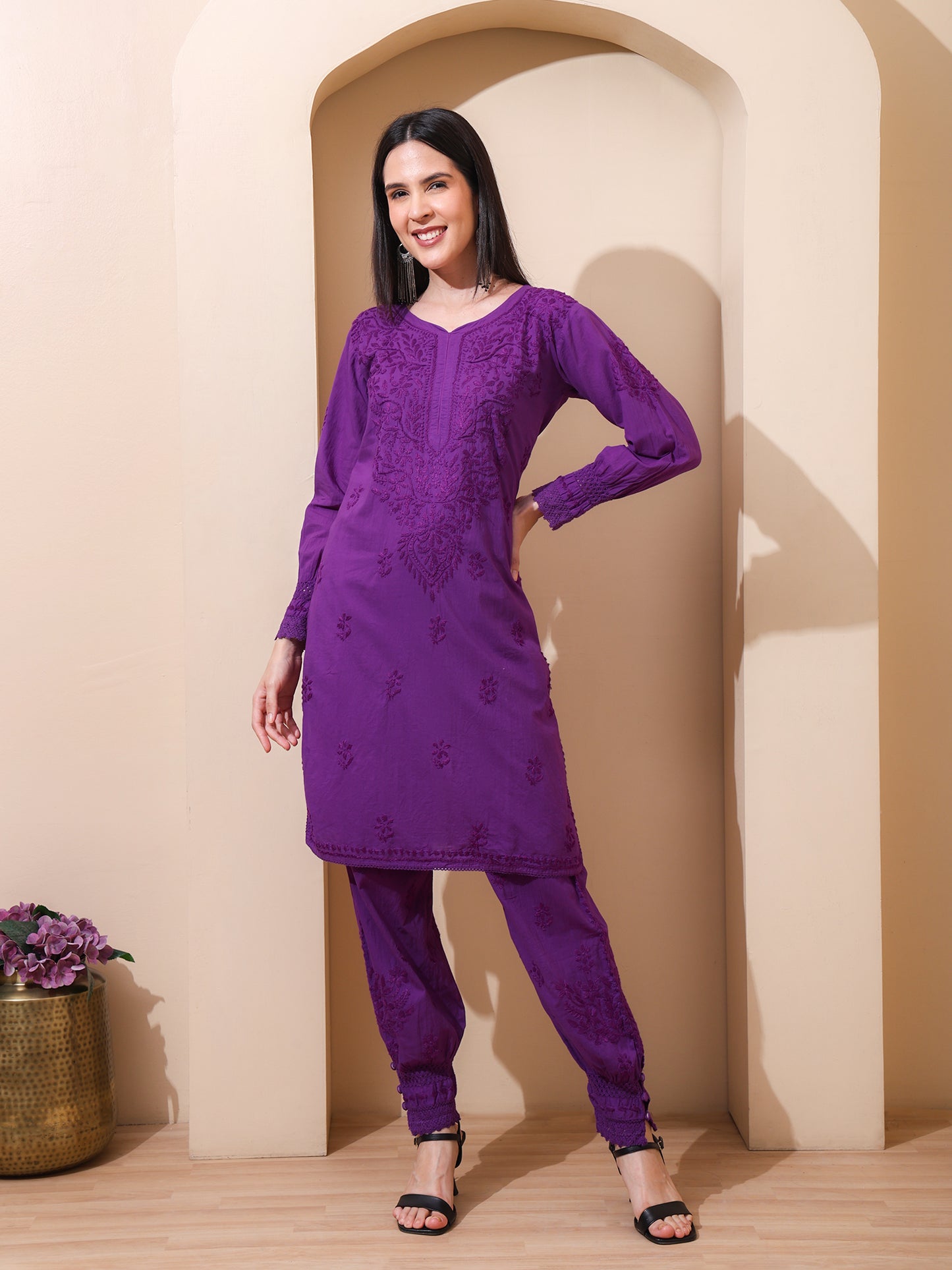 Nazaira Women’s Cotton Chikankari Kurta Pant Set | Hand Embroidered Lucknowi Chikankari Afghani Set for Women | Ethnic Kurti Set with Bottom Wear | Purple