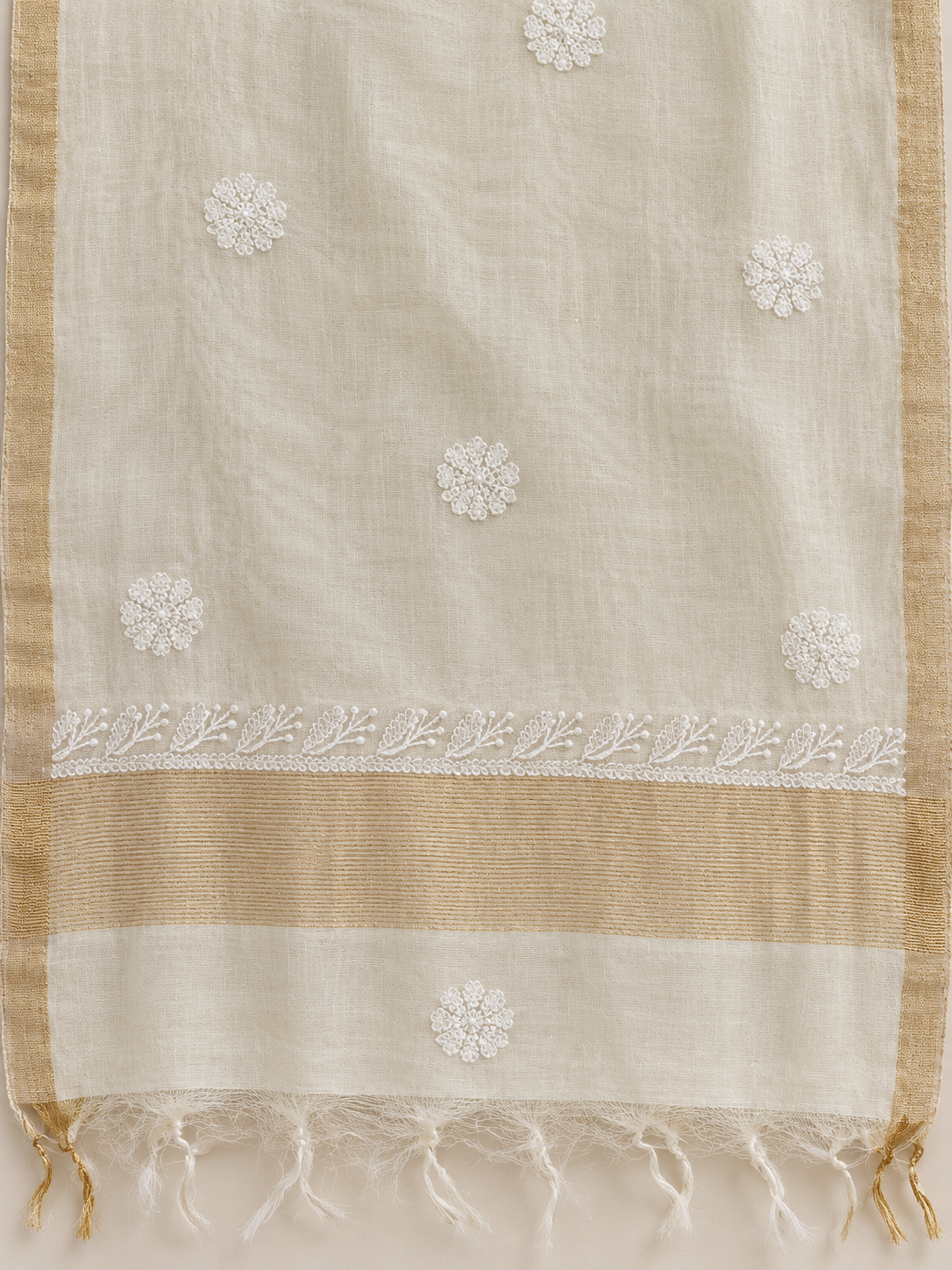 NAZAIRA Women's Cream Silk Chanderi Unstitched Suit Material with Dupatta | 2 Piece Lucknow Chikankari | Hand Embroidery with Mukaish Work and Glass Gala Neck Design | Festive, Wedding, Ethnic