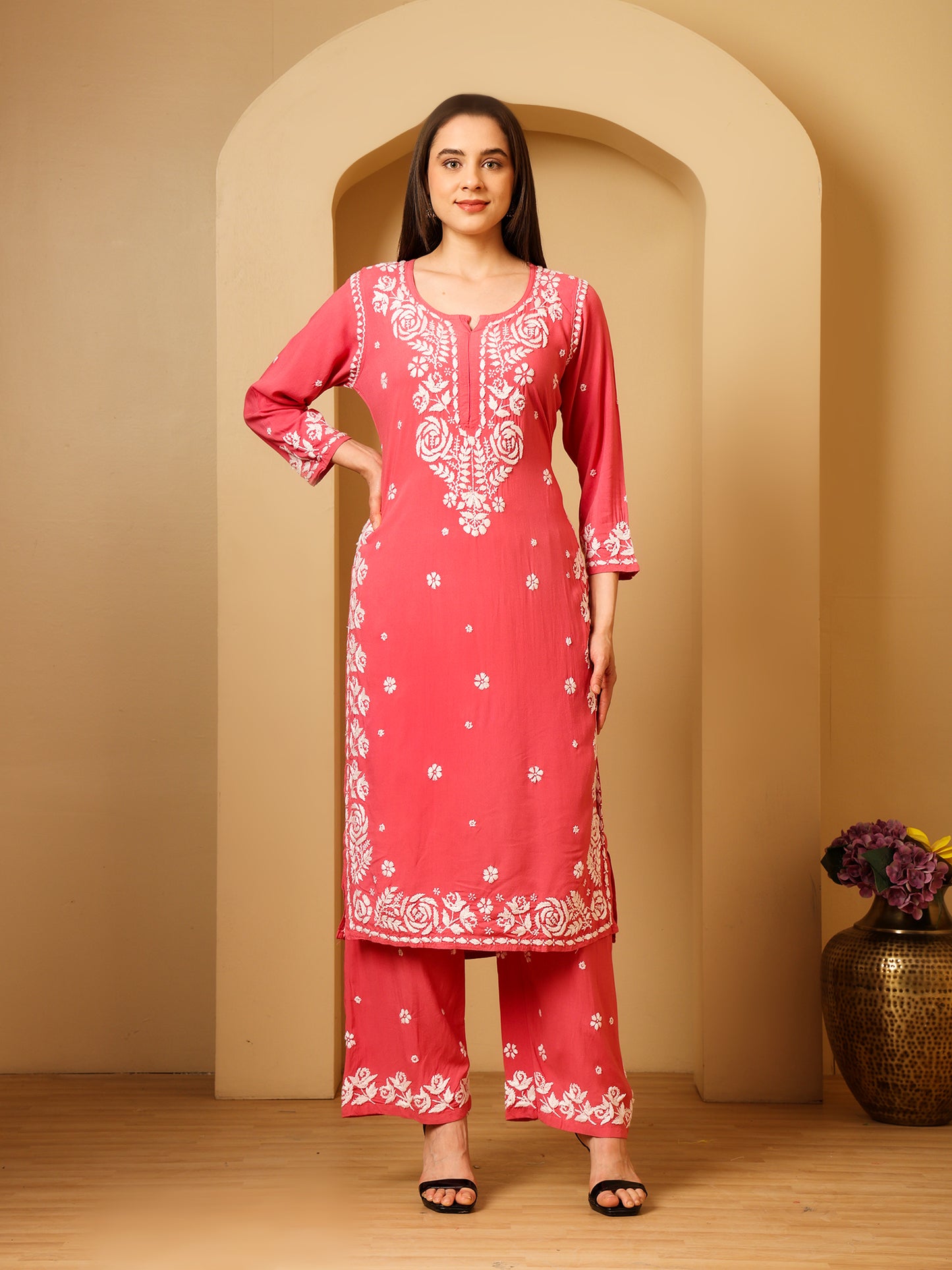 Nazaira Women’s Rayon 3D Work Lucknow Chikankari Kurta with Palazzo Set | Hand Embroidered Lucknawi Chickankari Kurti | Ethnic Wear for Women | Coral Pink |