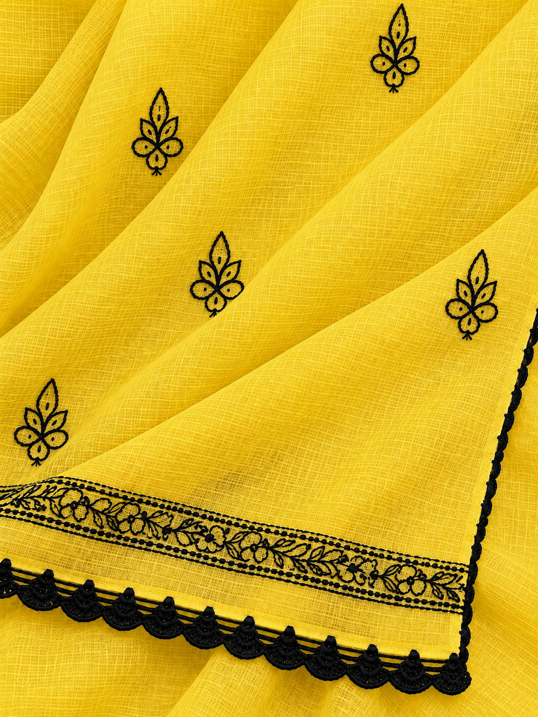 Women's Yellow Kota Cotton Unstitched 2 Piece Suit Dress Material with Dupatta | Lucknowi Chikankari Hand Embroidery, Glass Gala Neck Work, Front Back Motifs | Pooja Wedding Festive