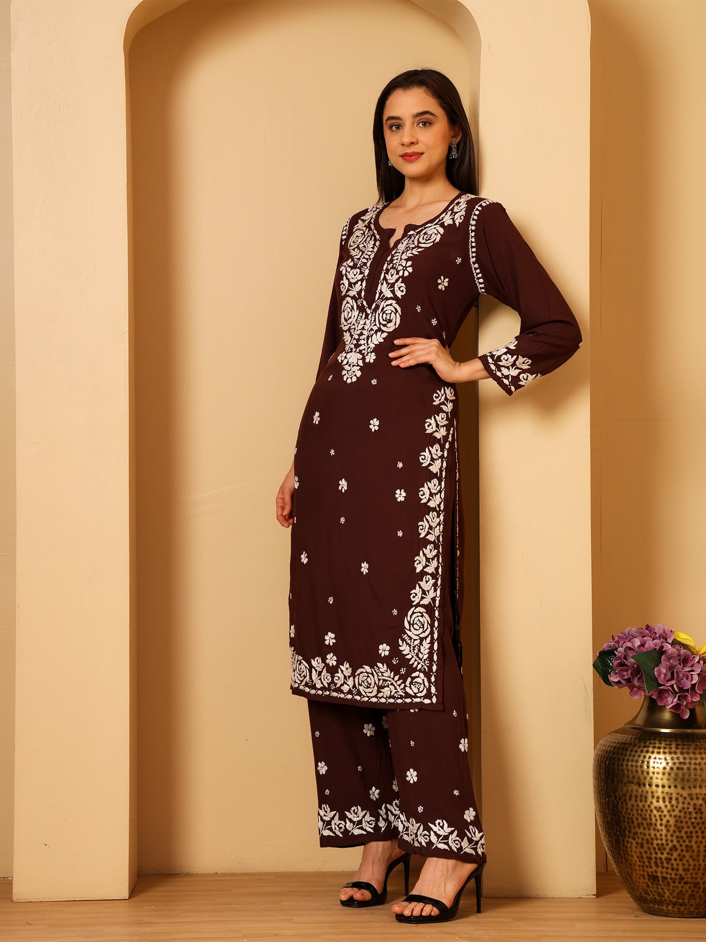 Nazaira Women’s Rayon 3D Work Lucknow Chikankari Kurta with Palazzo Set | Hand Embroidered Lucknawi Chickankari Kurti | Ethnic Wear | Brown |