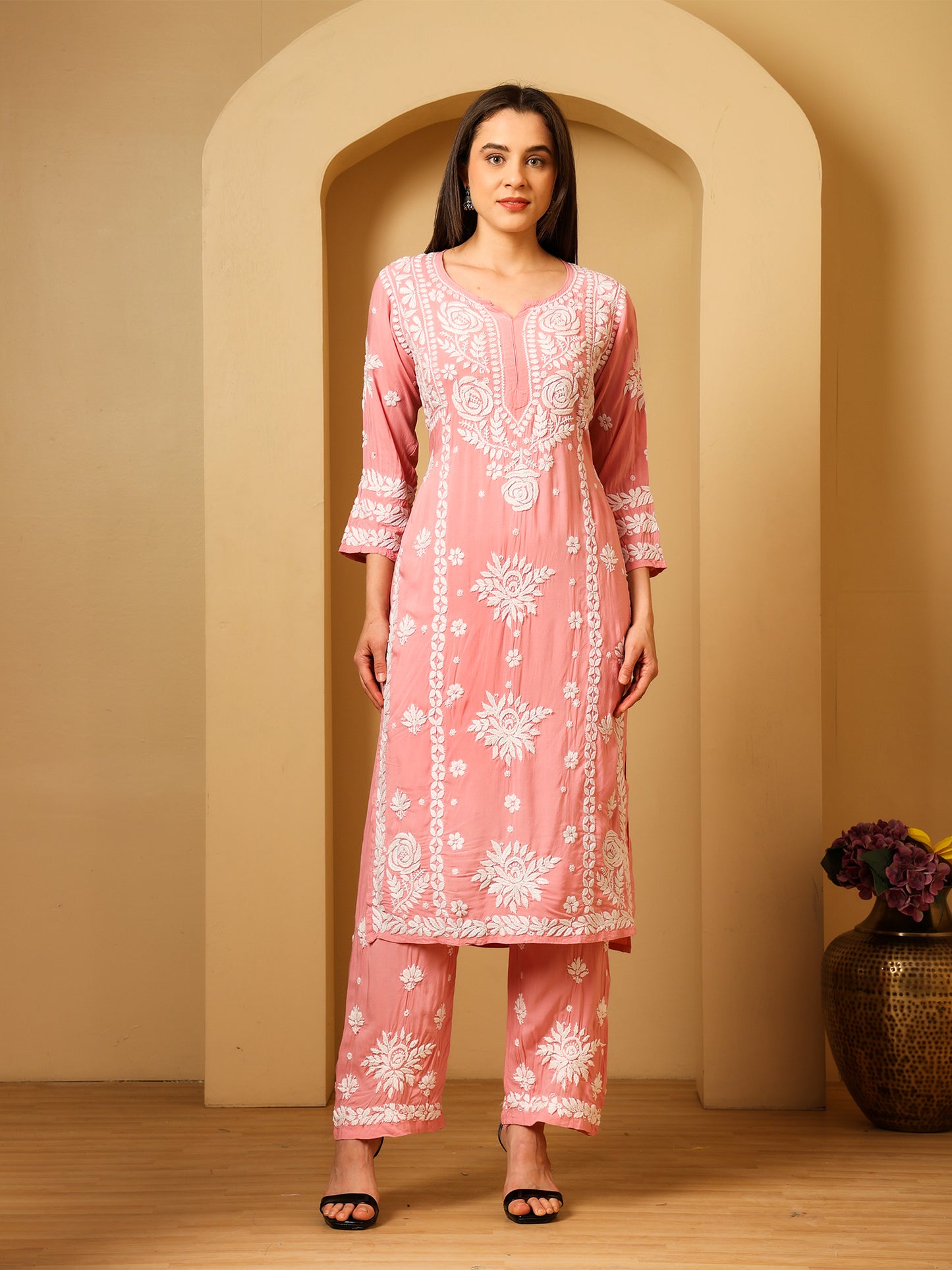 Nazaira Modal Lucknow Chikankari Kurta Set for Women with Palazzo | 3D Hand Embroidery Long Kurti | Ethnic Wear for Women | Handmade Luckhnawi Chickankari | Pink |