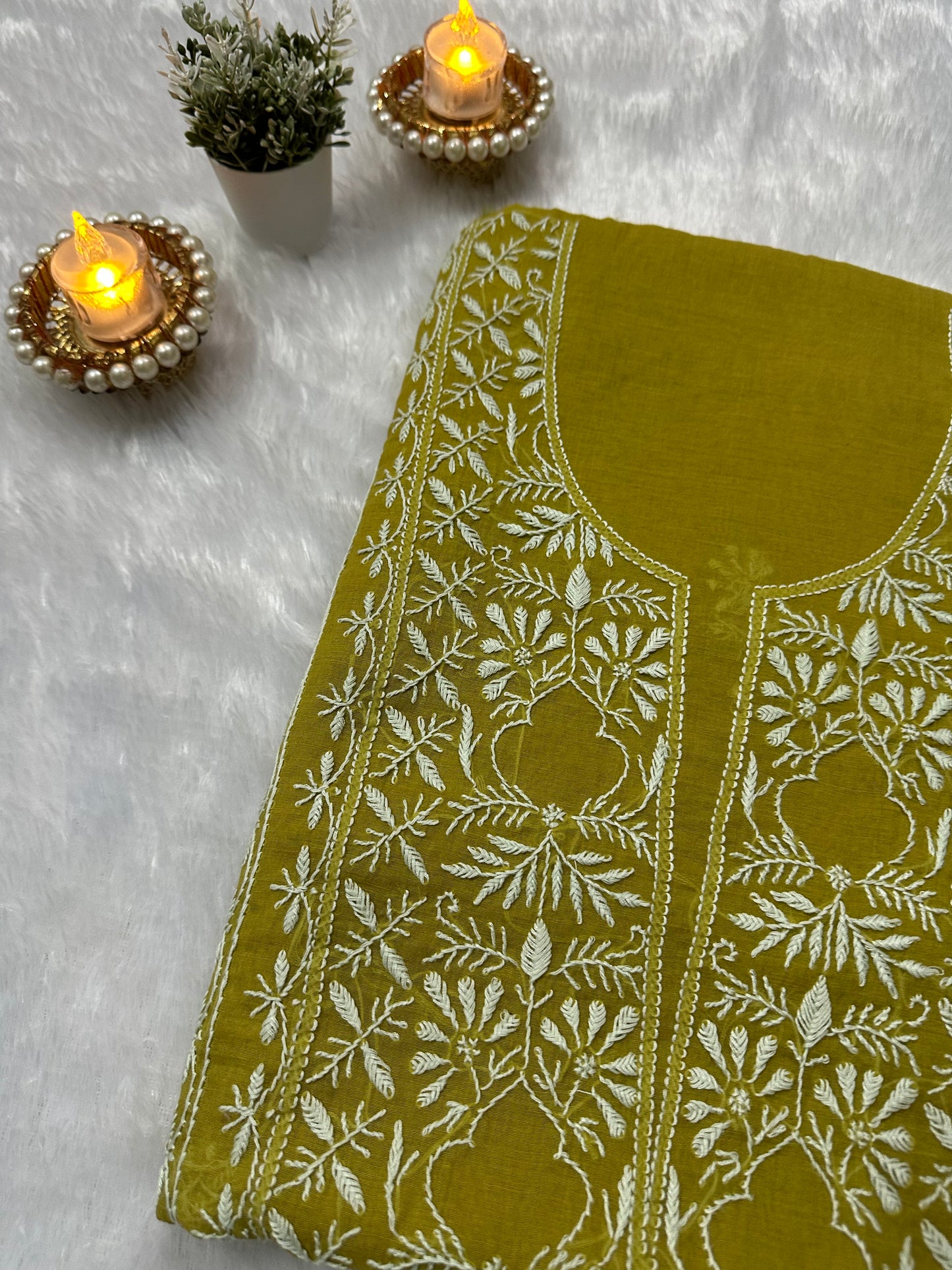 Pure Mul Chanderi Lucknowi Chikankari Unstitched Suit for Women with Dupatta – Hand Embroidered Ethnic Dress Material (2 Piece Set) - Mehendi