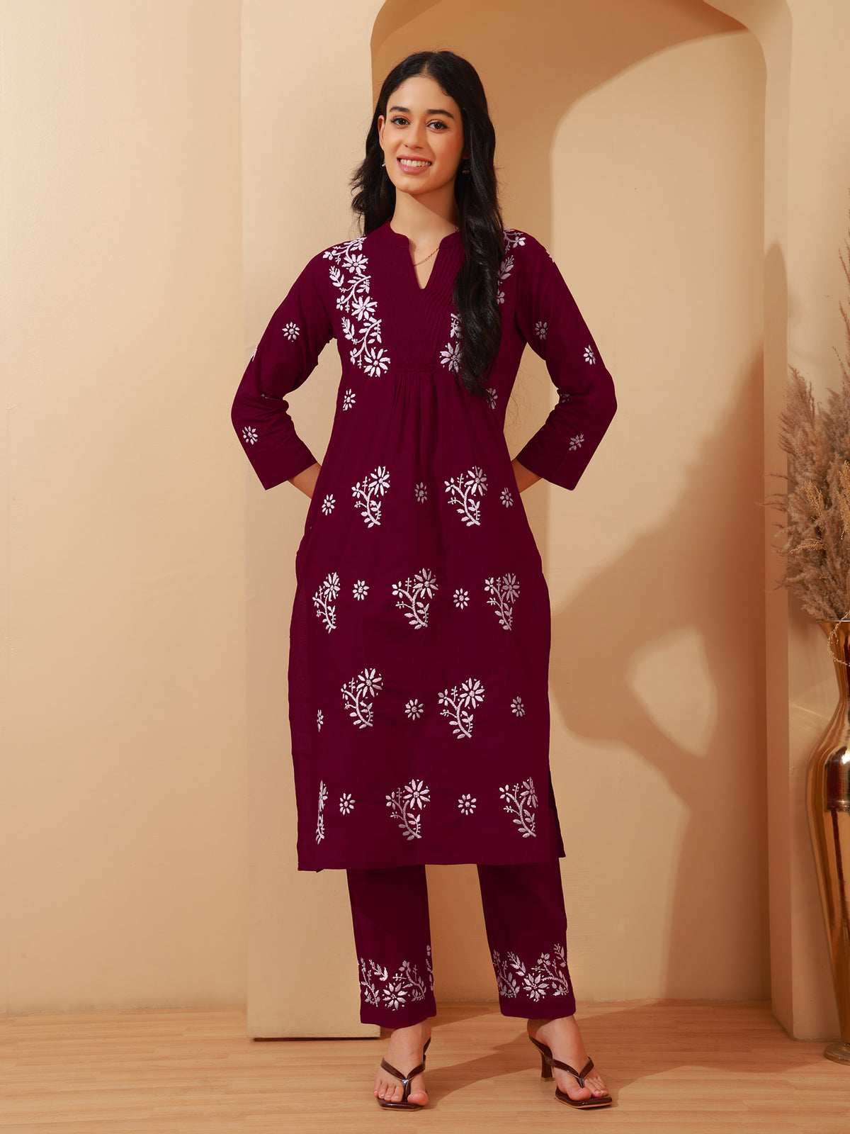 Nazaira Cotton Chikankari Kurta Pant Set for Women | Wine A-Line Long Kurti with Hand Embroidery | Lucknowi Chikankari Ethnic Wear with Pants & Pockets | Handmade Handwork Kurta Set