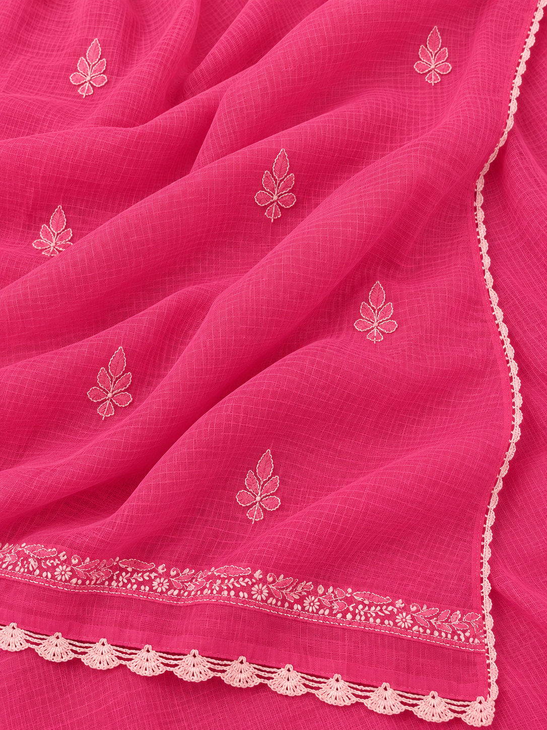 Women's Pink Kota Cotton Unstitched 2 Piece Suit Dress Material with Dupatta | Lucknowi Chikankari Hand Embroidery, Glass Gala Neck Design, All Over Work | Pooja Wedding Festive