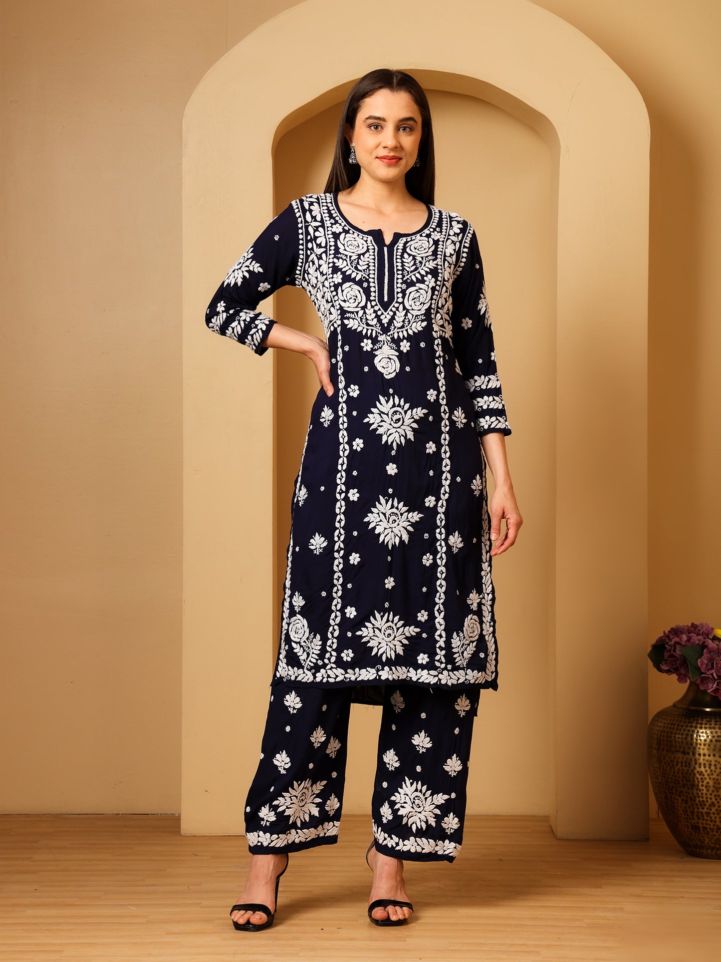 Nazaira Modal Lucknow Chikankari Kurta Set for Women with Palazzo | 3D Hand Embroidery Long Kurti | Ethnic Wear for Women | Handmade Luckhnawi Chickankari | Navy Blue |