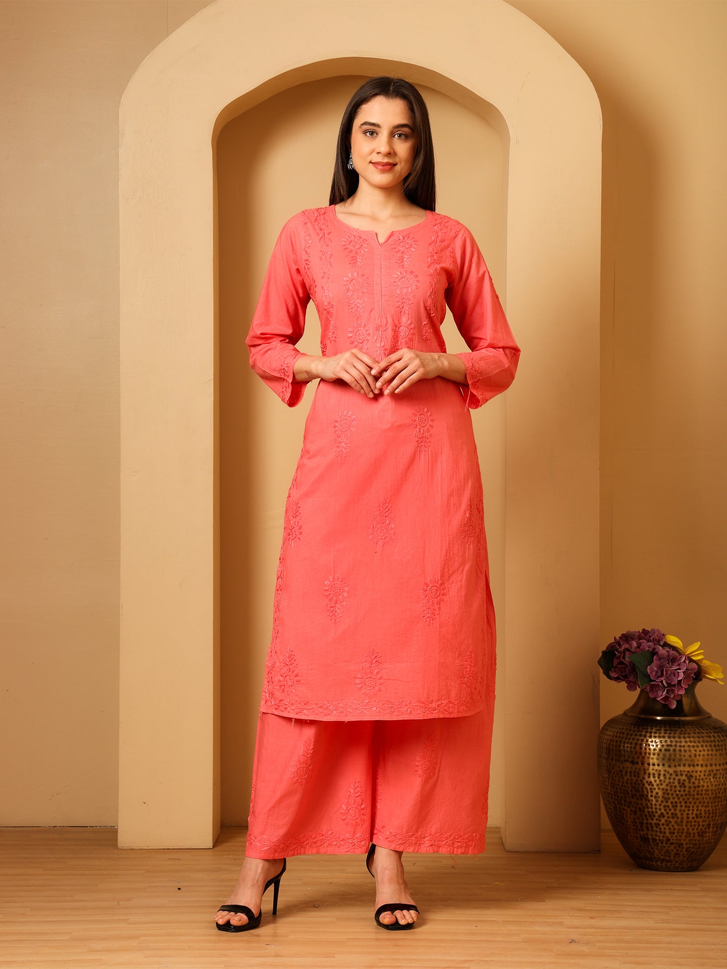 Nazaira Cotton Chikankari Kurta Palazzo Set for Women | Hand Embroidered Lucknowi Chikankari Kurti with Palazzo | Ethnic Wear Long Kurta Set (Pink) | Handmade Cotton Kurta for Women