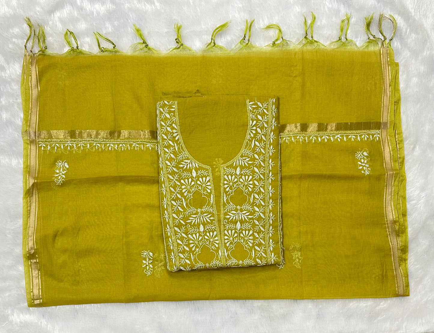 Pure Mul Chanderi Lucknowi Chikankari Unstitched Suit for Women with Dupatta – Hand Embroidered Ethnic Dress Material (2 Piece Set) - Mehendi