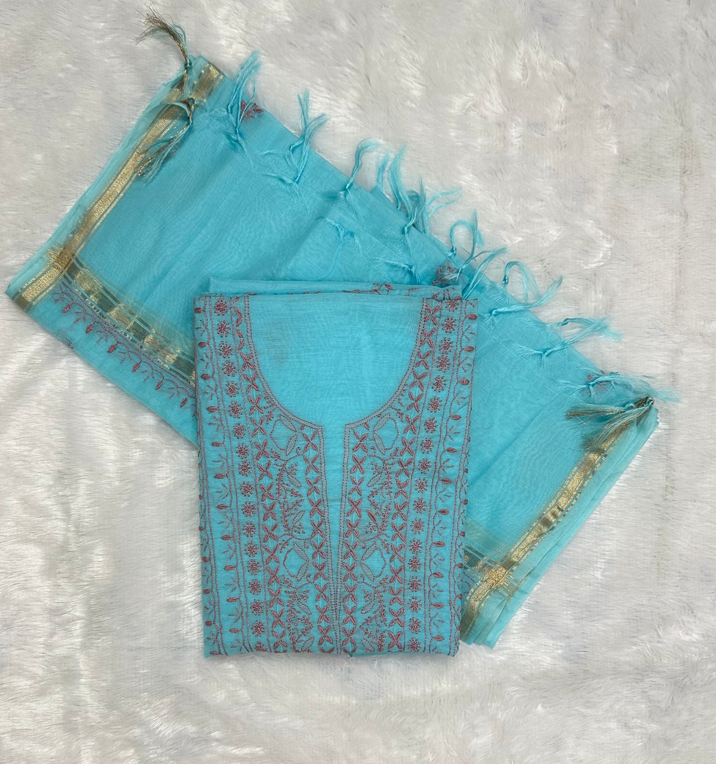 Pure Mul Chanderi Lucknowi Chikankari Unstitched Suit for Women with Dupatta – Hand Embroidered Ethnic Dress Material (2 Piece Set) - Sea Blue