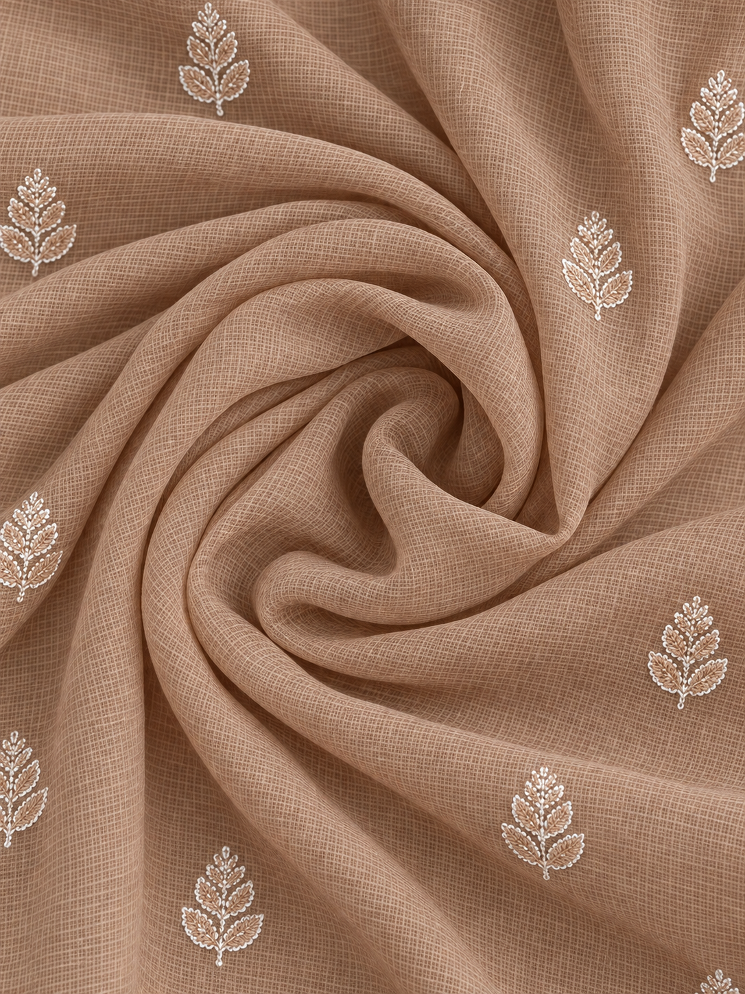 Women's Light Brown Kota Cotton Unstitched Lucknowi Chikankari Suit Material with Dupatta (2 Piece) | Glass Gala Neckline Hand Embroidery, Front and Back Buti Work | Festive Pooja and Wedding