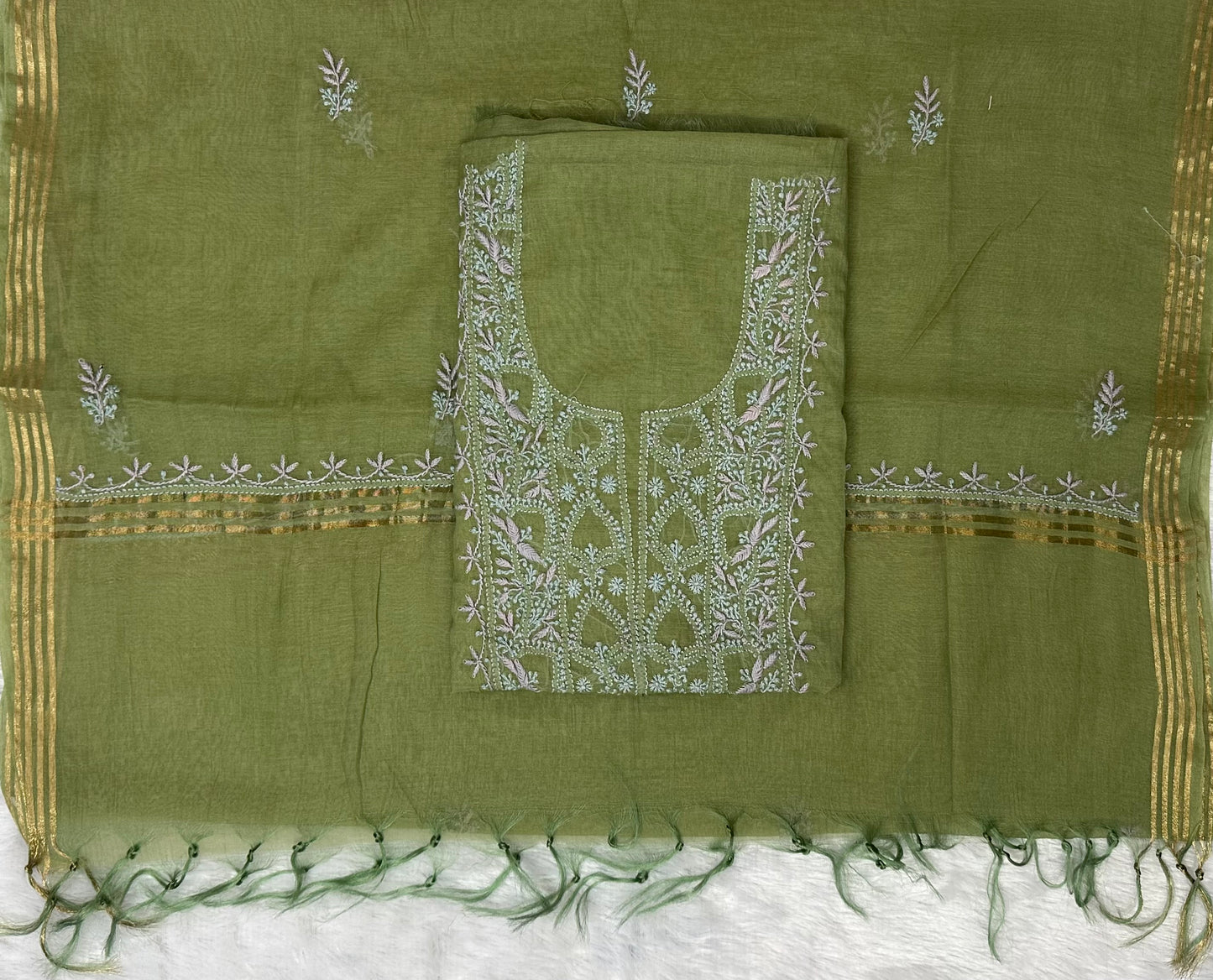 Pure Mul Chanderi Lucknowi Chikankari Unstitched Suit for Women with Dupatta – Hand Embroidered Ethnic Dress Material (2 Piece Set) - Green