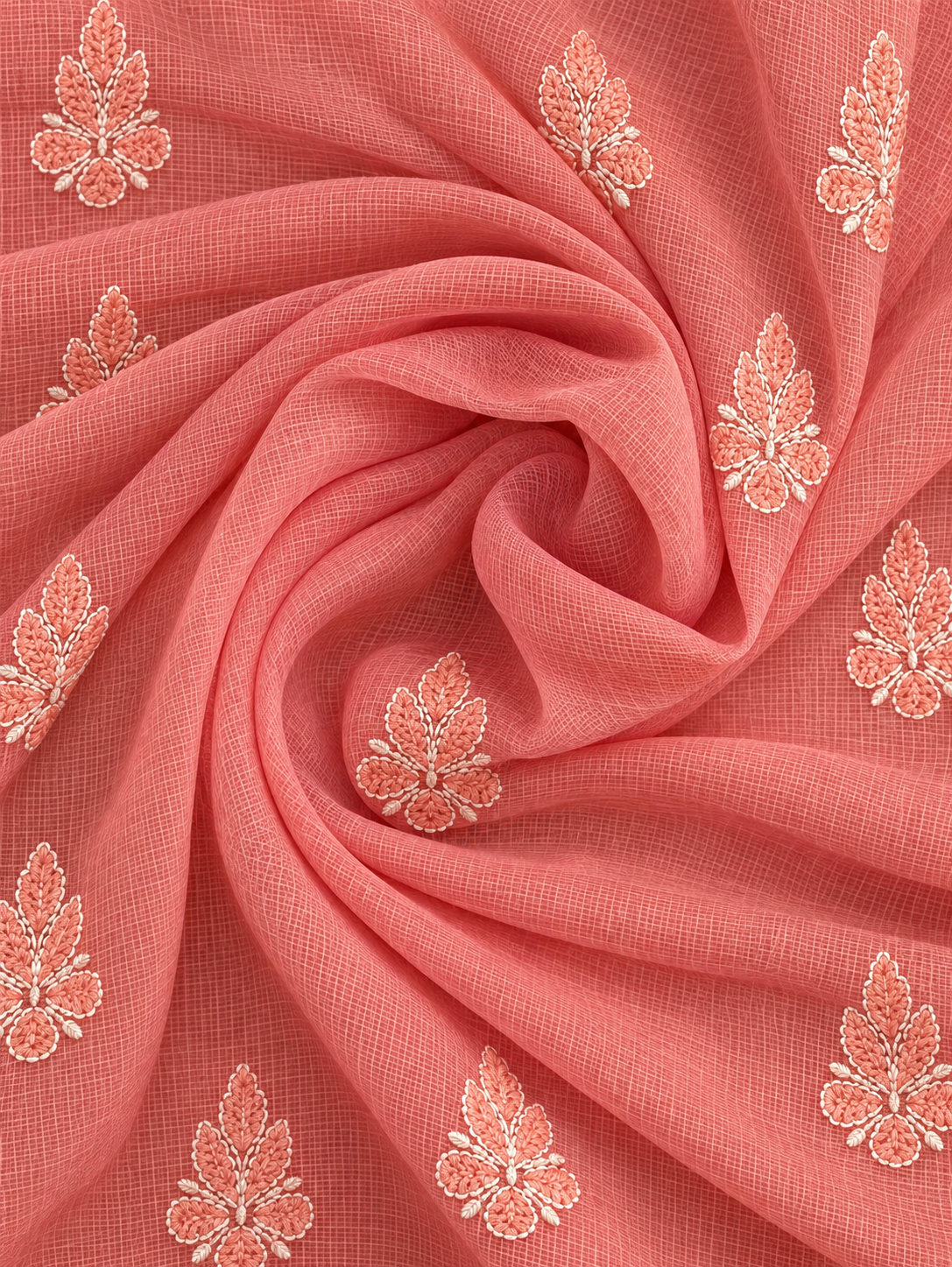 Women's Peach Kota Cotton Unstitched 2 Piece Suit Dress Material with Dupatta | Lucknowi Chikankari Hand Embroidery, Glass Gala Neck Design, All Over Work | Pooja Wedding Festive