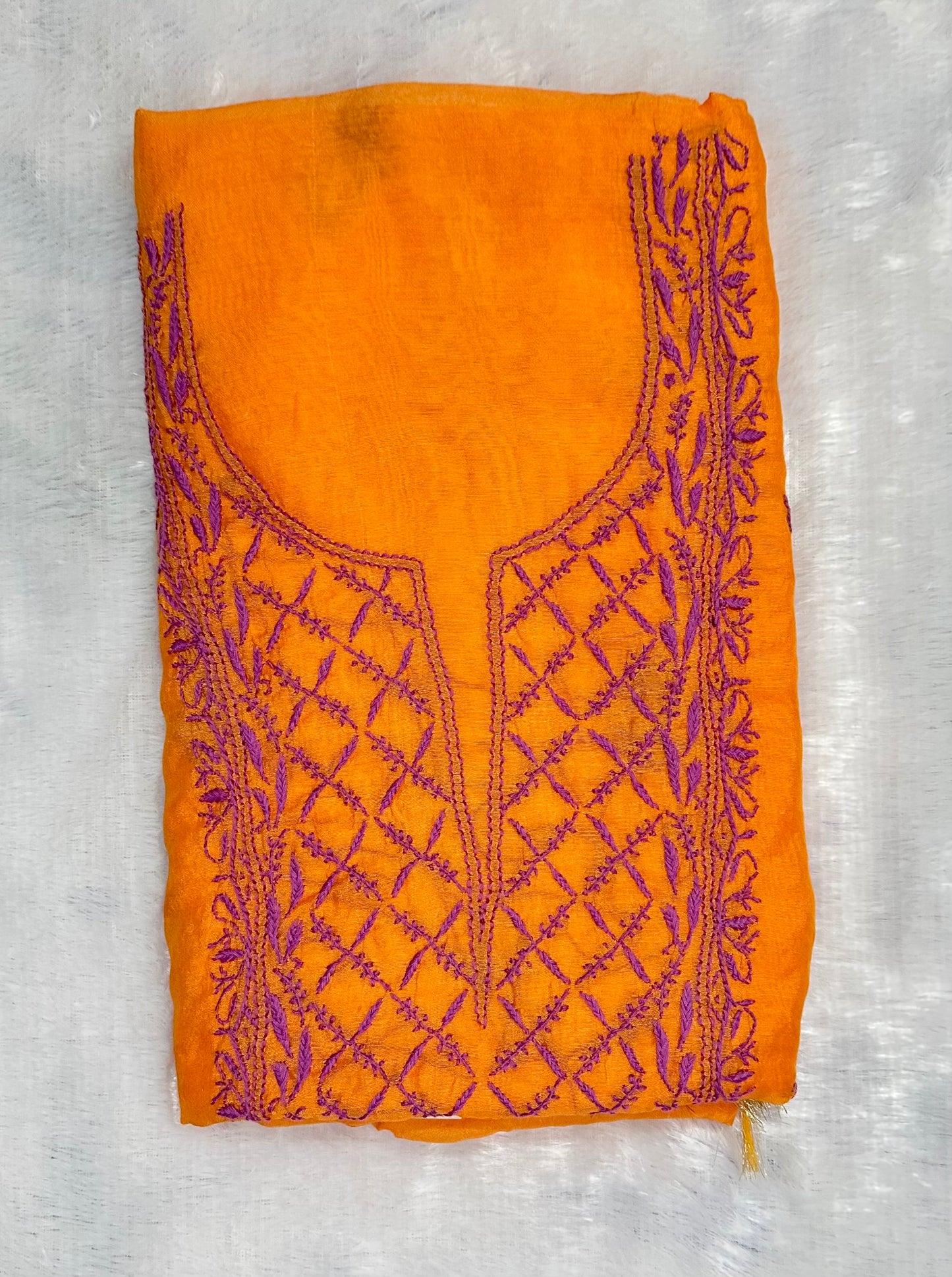 Pure Mul Chanderi Lucknowi Chikankari Unstitched Suit for Women with Dupatta – Hand Embroidered Ethnic Dress Material (2 Piece Set) - Orange 2