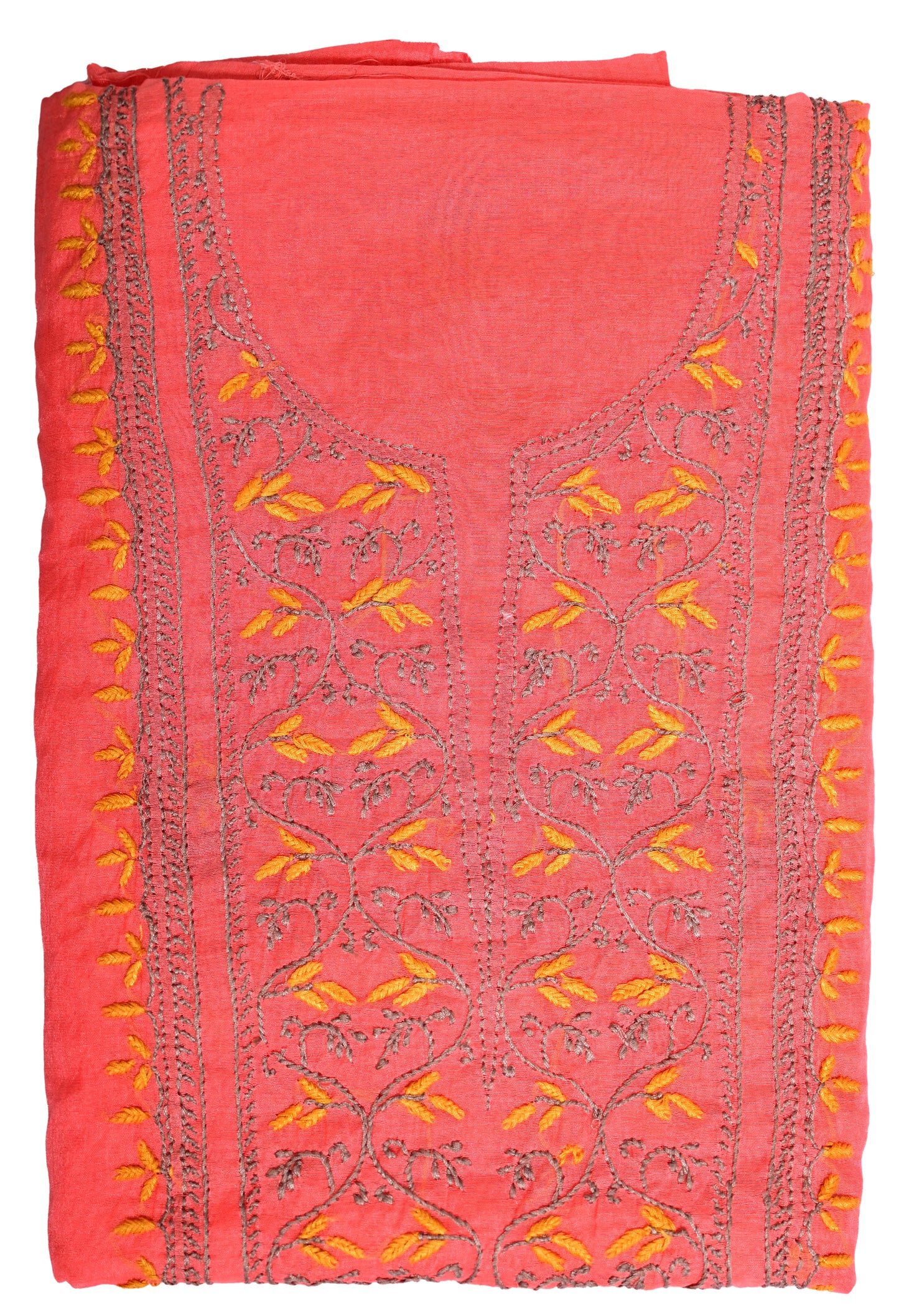 Pure Mul Chanderi Unstitched Suit for Women with Dupatta & Pajama | Hand Embroidered Lucknow Chikankari Dress Material | Handmade Ethnic Wear | Designer Handwork Kurta Set (Carrot Red)