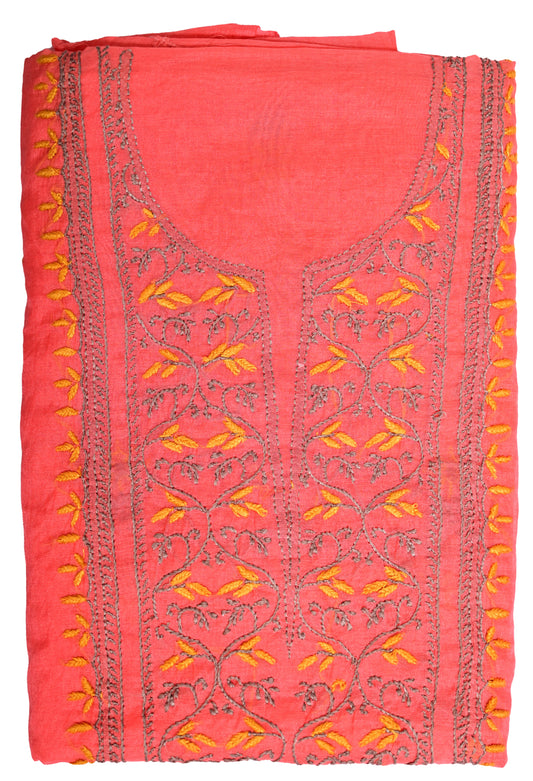 Pure Mul Chanderi Unstitched Suit for Women with Dupatta & Pajama | Hand Embroidered Lucknow Chikankari Dress Material | Handmade Ethnic Wear | Designer Handwork Kurta Set (Carrot Red)