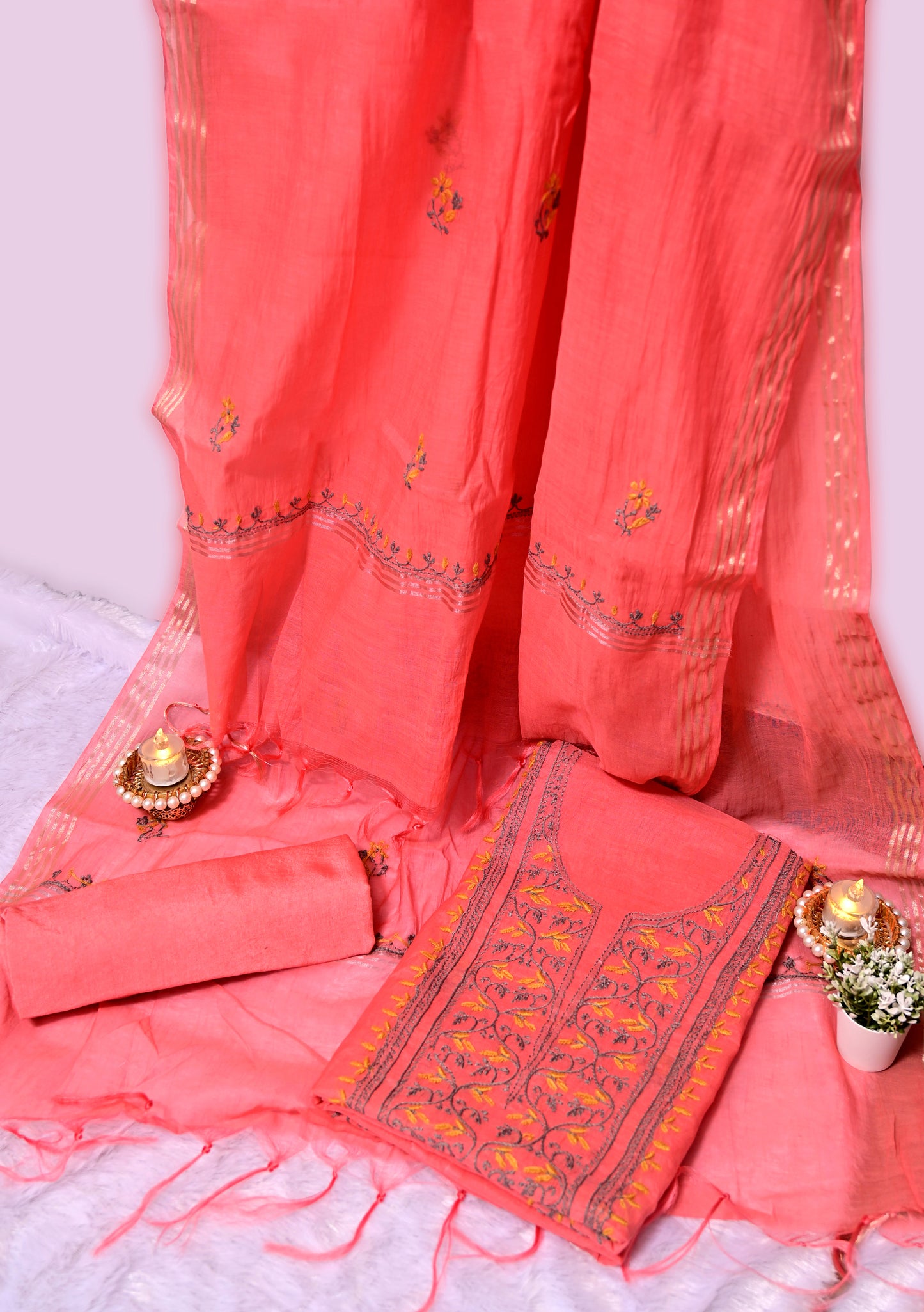 Pure Mul Chanderi Unstitched Suit for Women with Dupatta & Pajama | Hand Embroidered Lucknow Chikankari Dress Material | Handmade Ethnic Wear | Designer Handwork Kurta Set (Carrot Red)