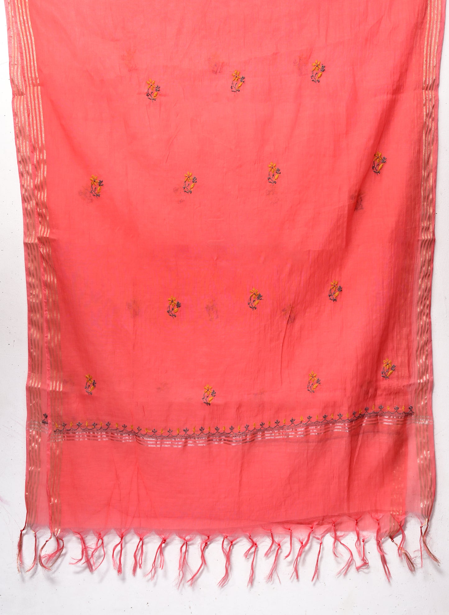 Pure Mul Chanderi Unstitched Suit for Women with Dupatta & Pajama | Hand Embroidered Lucknow Chikankari Dress Material | Handmade Ethnic Wear | Designer Handwork Kurta Set (Carrot Red)
