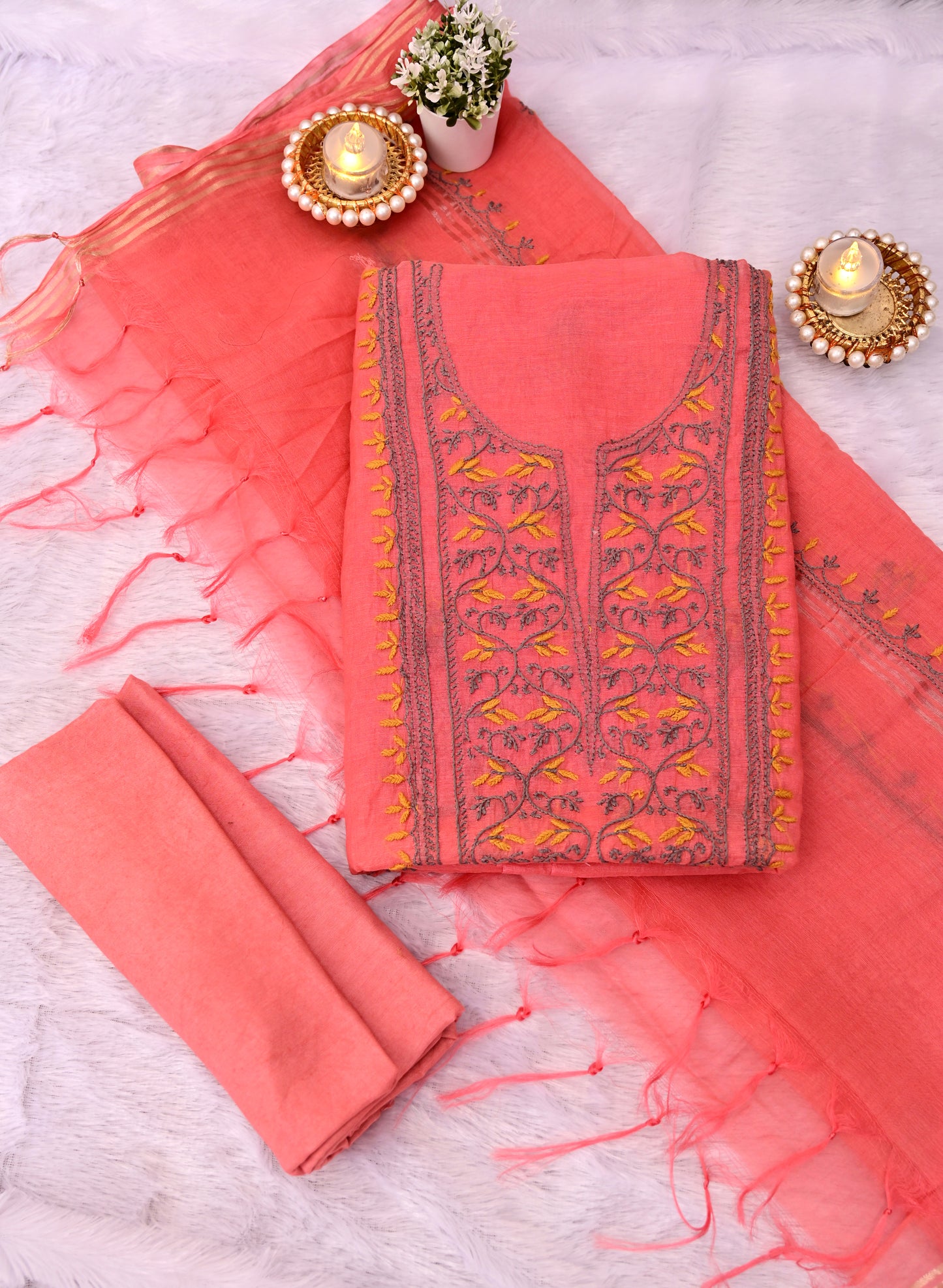 Pure Mul Chanderi Unstitched Suit for Women with Dupatta & Pajama | Hand Embroidered Lucknow Chikankari Dress Material | Handmade Ethnic Wear | Designer Handwork Kurta Set (Carrot Red)
