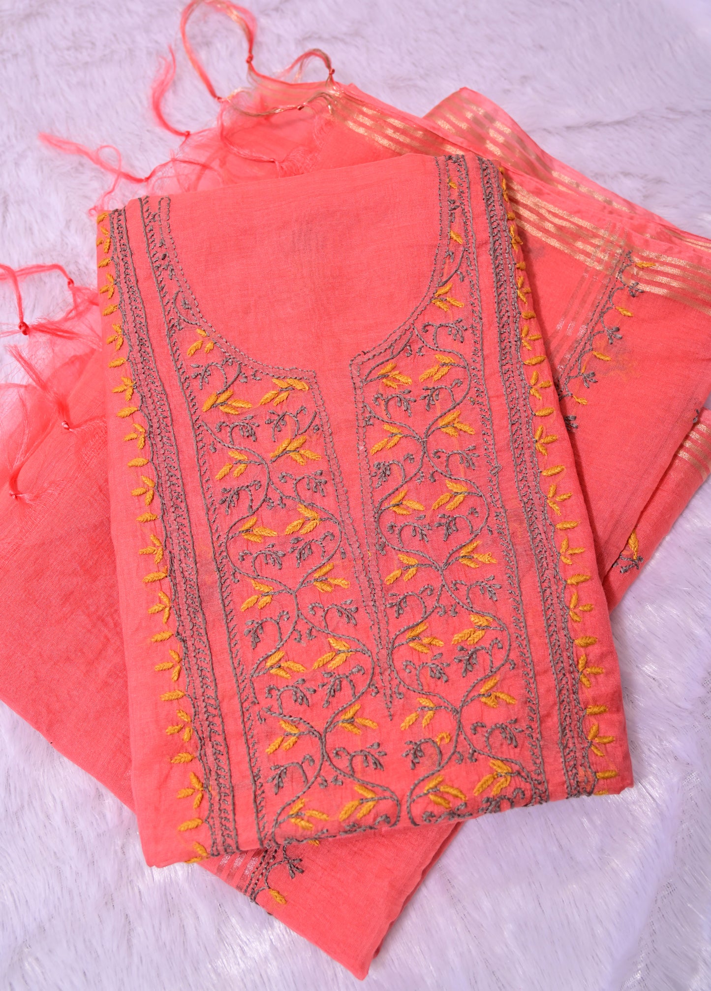 Pure Mul Chanderi Unstitched Suit for Women with Dupatta & Pajama | Hand Embroidered Lucknow Chikankari Dress Material | Handmade Ethnic Wear | Designer Handwork Kurta Set (Carrot Red)