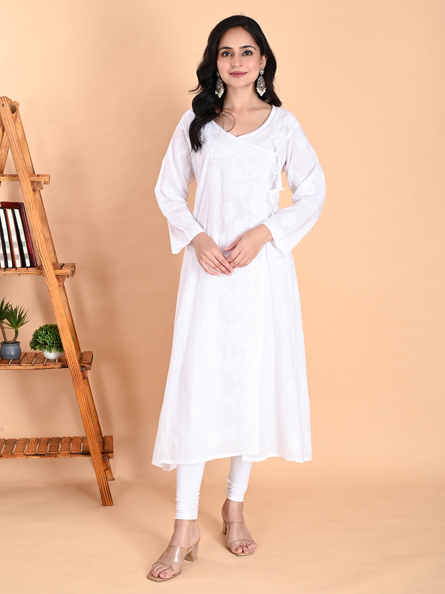White Mulmul Cotton Lucknowi Chikankari Angarkha Style Kurta for Women with Hand Embroidery – Long Ethnic Wear Kurti