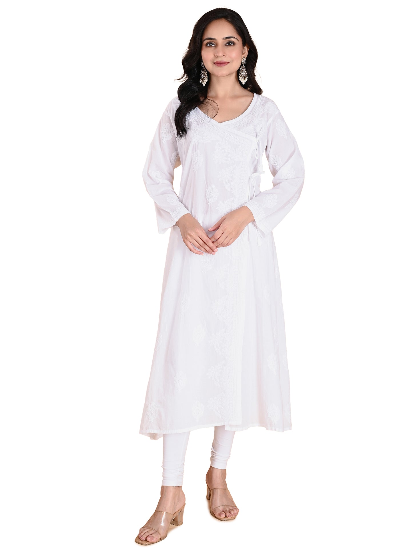 White Mulmul Cotton Lucknowi Chikankari Angarkha Style Kurta for Women with Hand Embroidery – Long Ethnic Wear Kurti