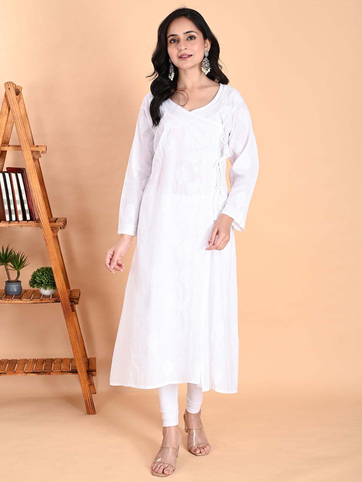 White Mulmul Cotton Lucknowi Chikankari Angarkha Style Kurta for Women with Hand Embroidery – Long Ethnic Wear Kurti