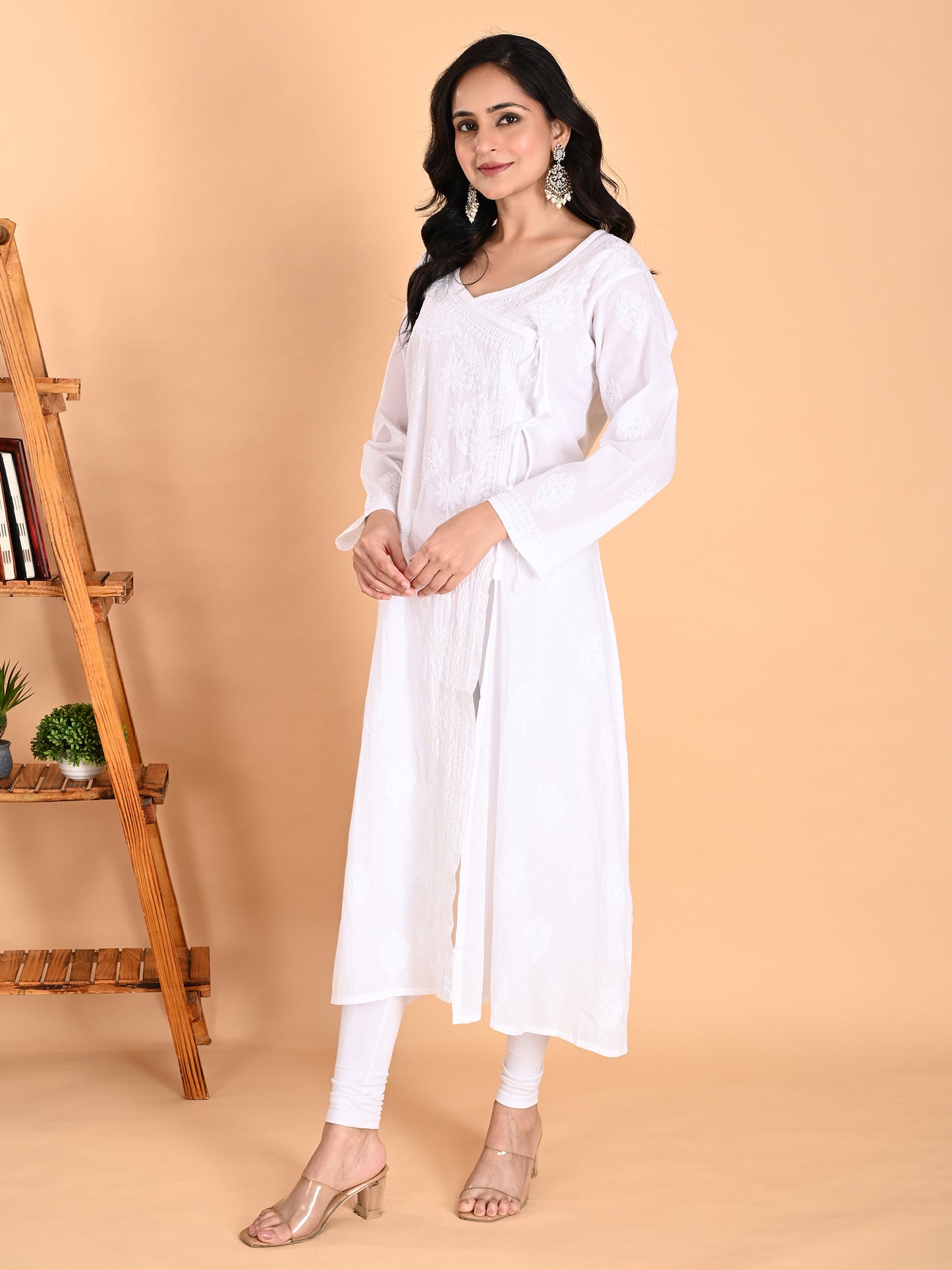 White Mulmul Cotton Lucknowi Chikankari Angarkha Style Kurta for Women with Hand Embroidery – Long Ethnic Wear Kurti