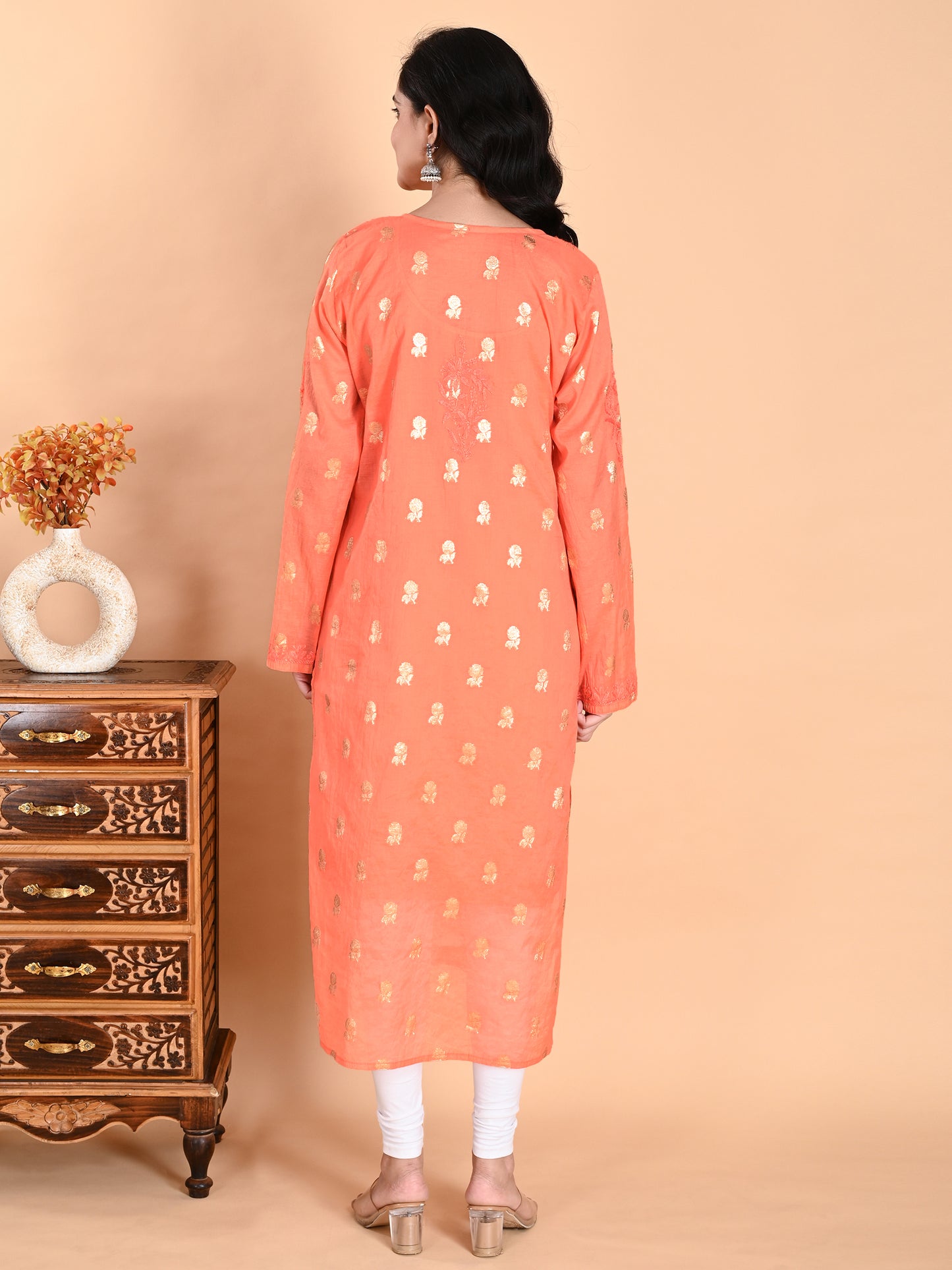 Peach Mul Chanderi Lucknowi Chikankari Long Kurta for Women with Inner, Banarasi Boota Hand Embroidery – Ethnic Wear Kurti