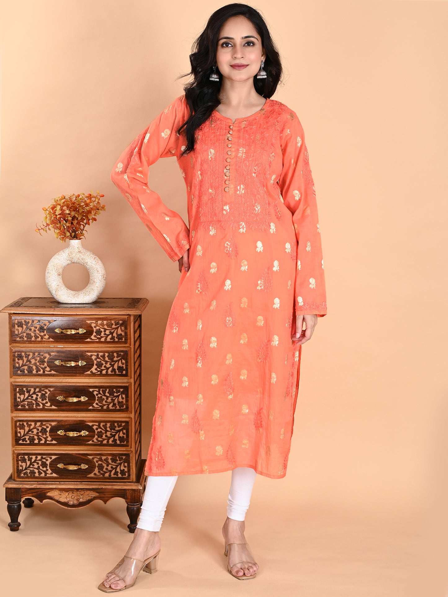 Peach Mul Chanderi Lucknowi Chikankari Long Kurta for Women with Inner, Banarasi Boota Hand Embroidery – Ethnic Wear Kurti