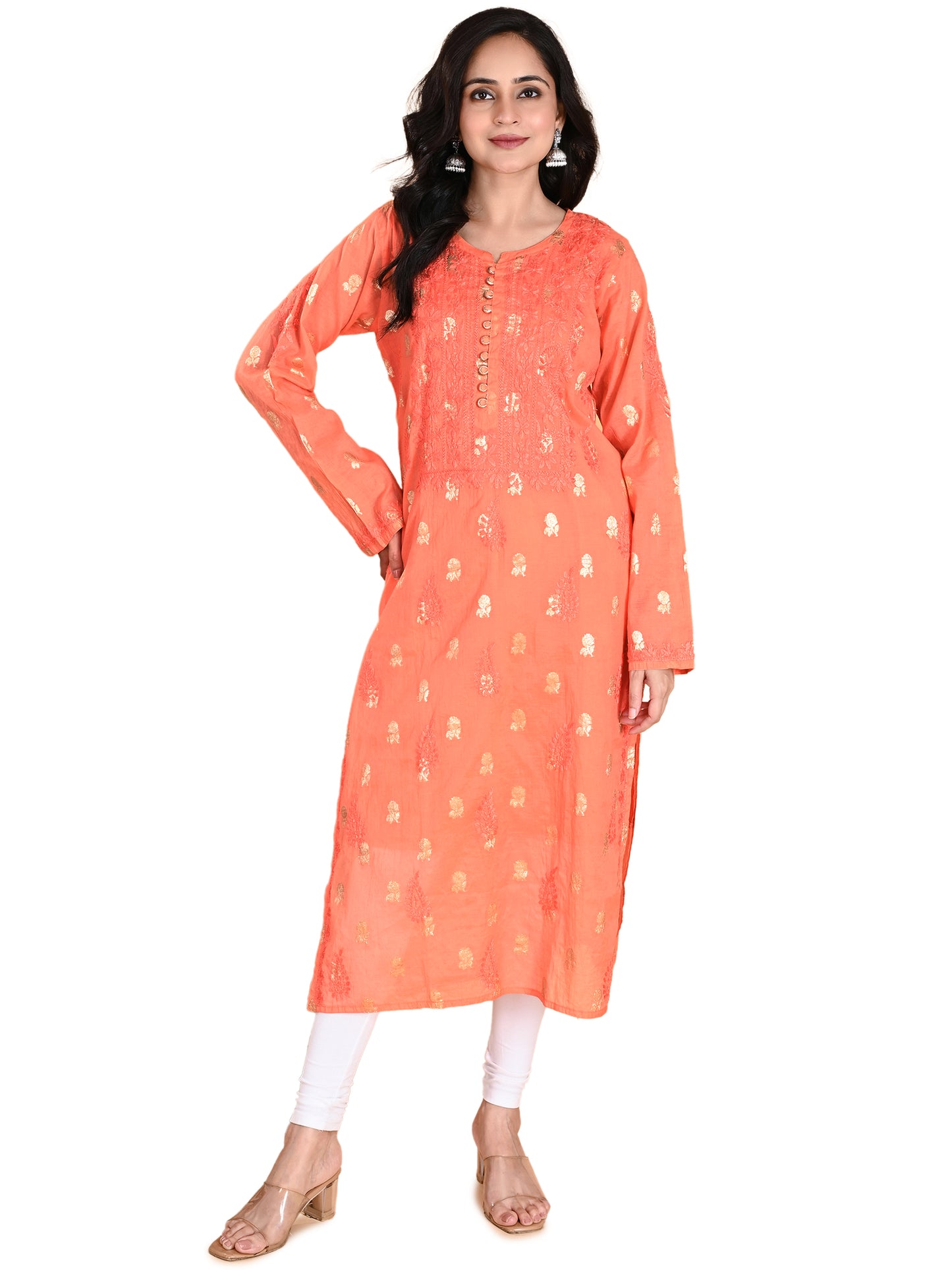 Peach Mul Chanderi Lucknowi Chikankari Long Kurta for Women with Inner, Banarasi Boota Hand Embroidery – Ethnic Wear Kurti
